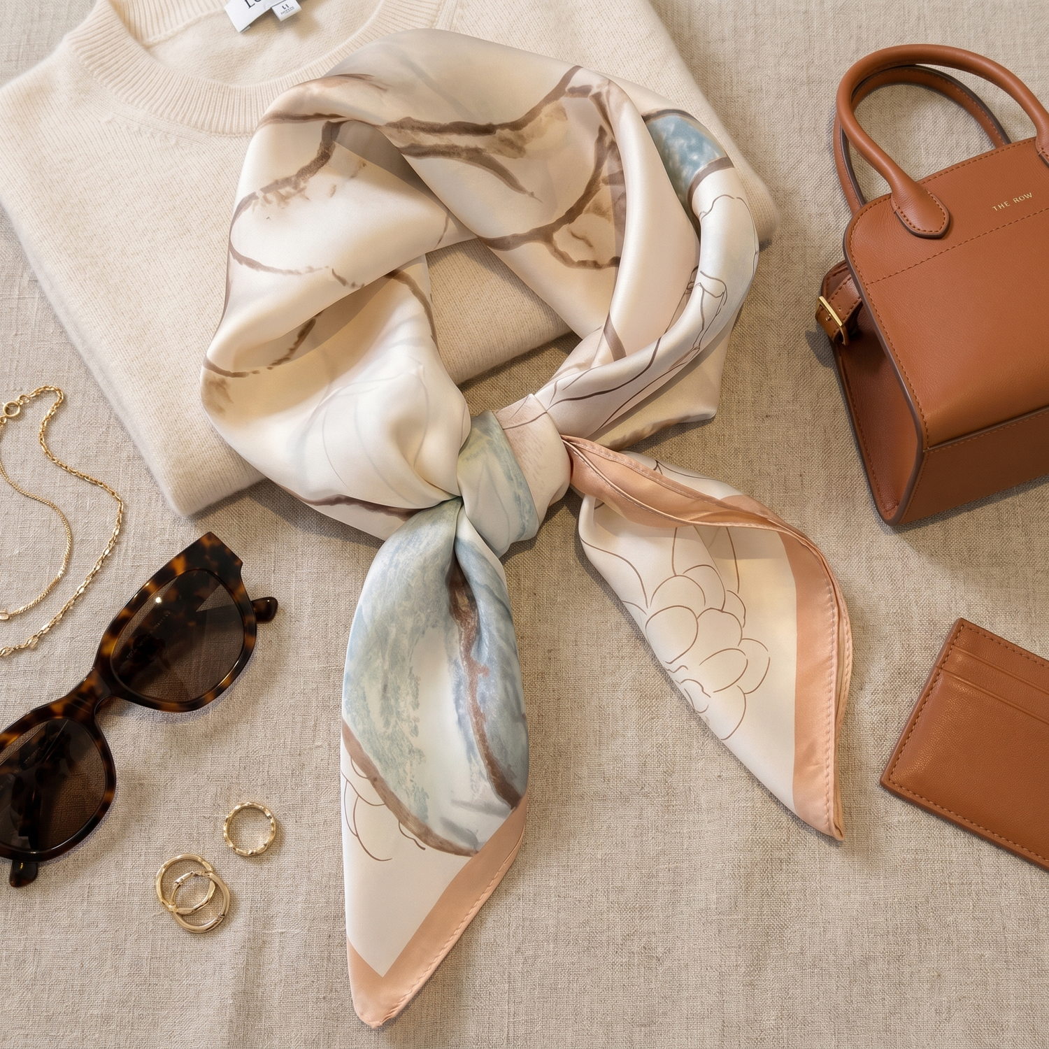 Bracksley beige floral satin scarf for women, 27 inch square — view 2