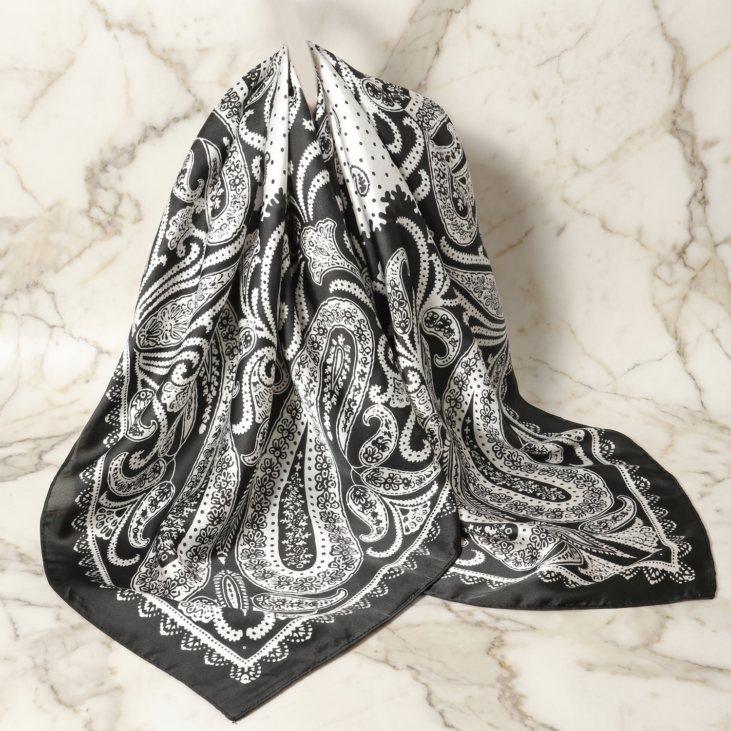 Bracksley black paisley satin scarf for women, 27 inch square — view 1