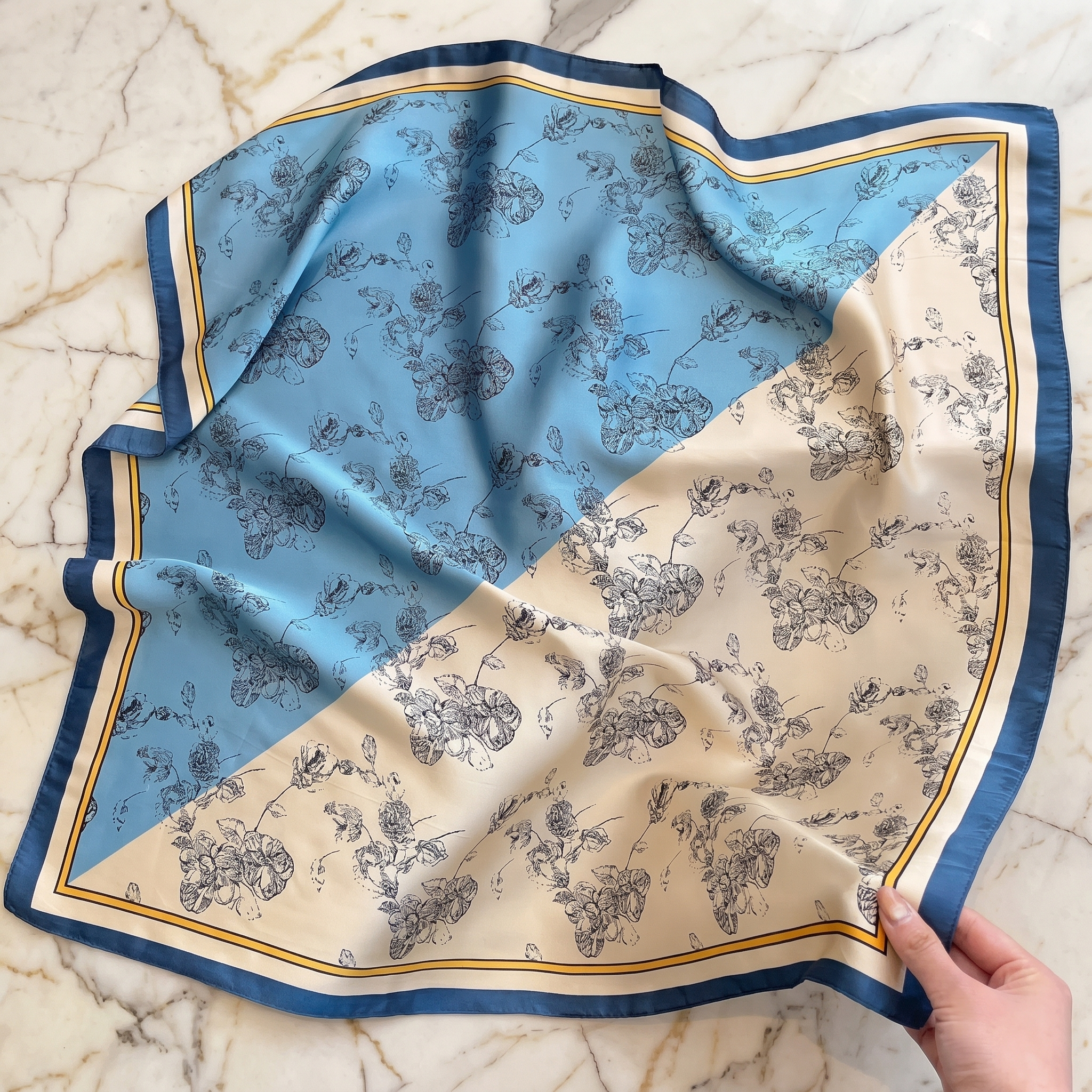 Bracksley blue floral satin scarf for women, 27 inch square — view 1