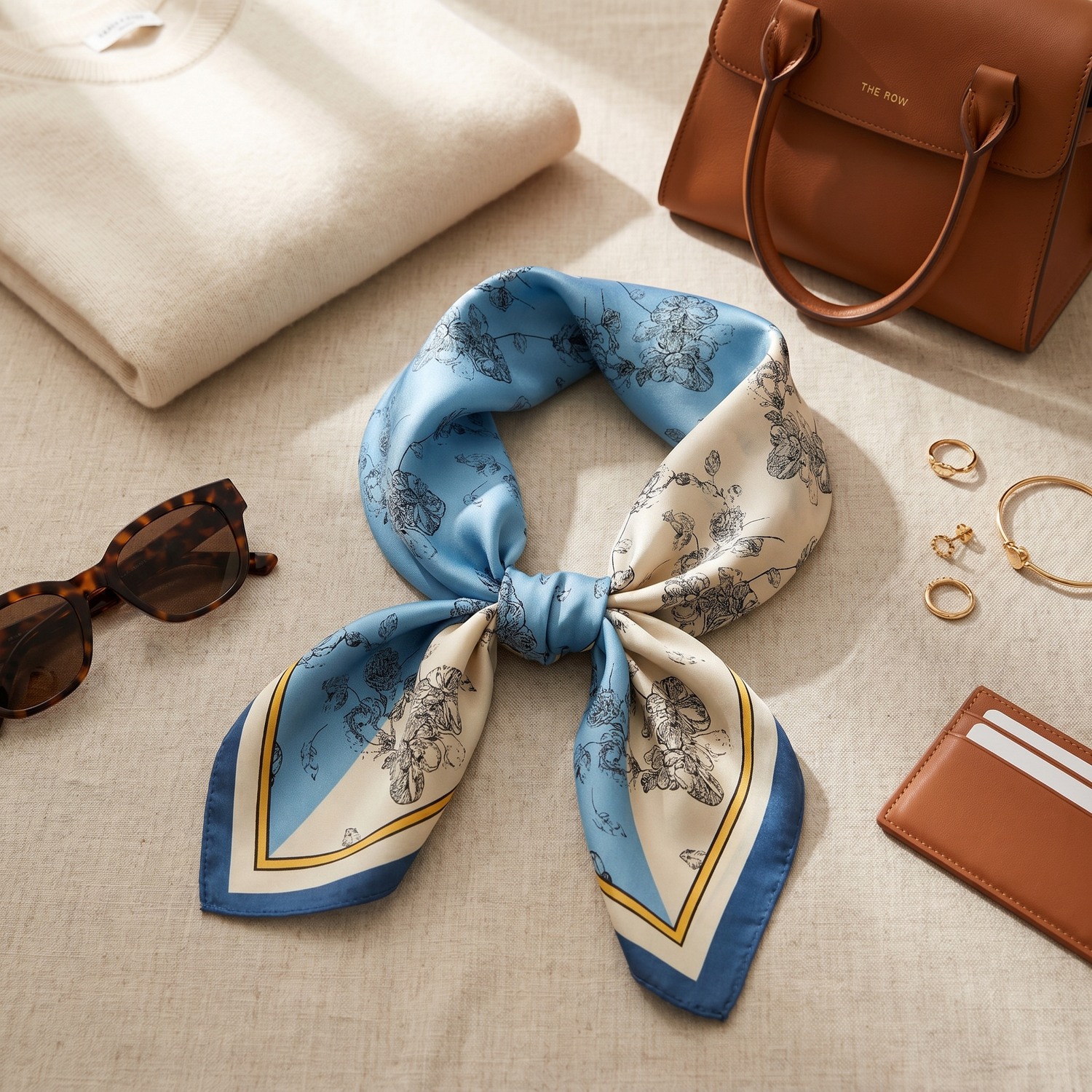 Bracksley blue floral satin scarf for women, 27 inch square — view 2