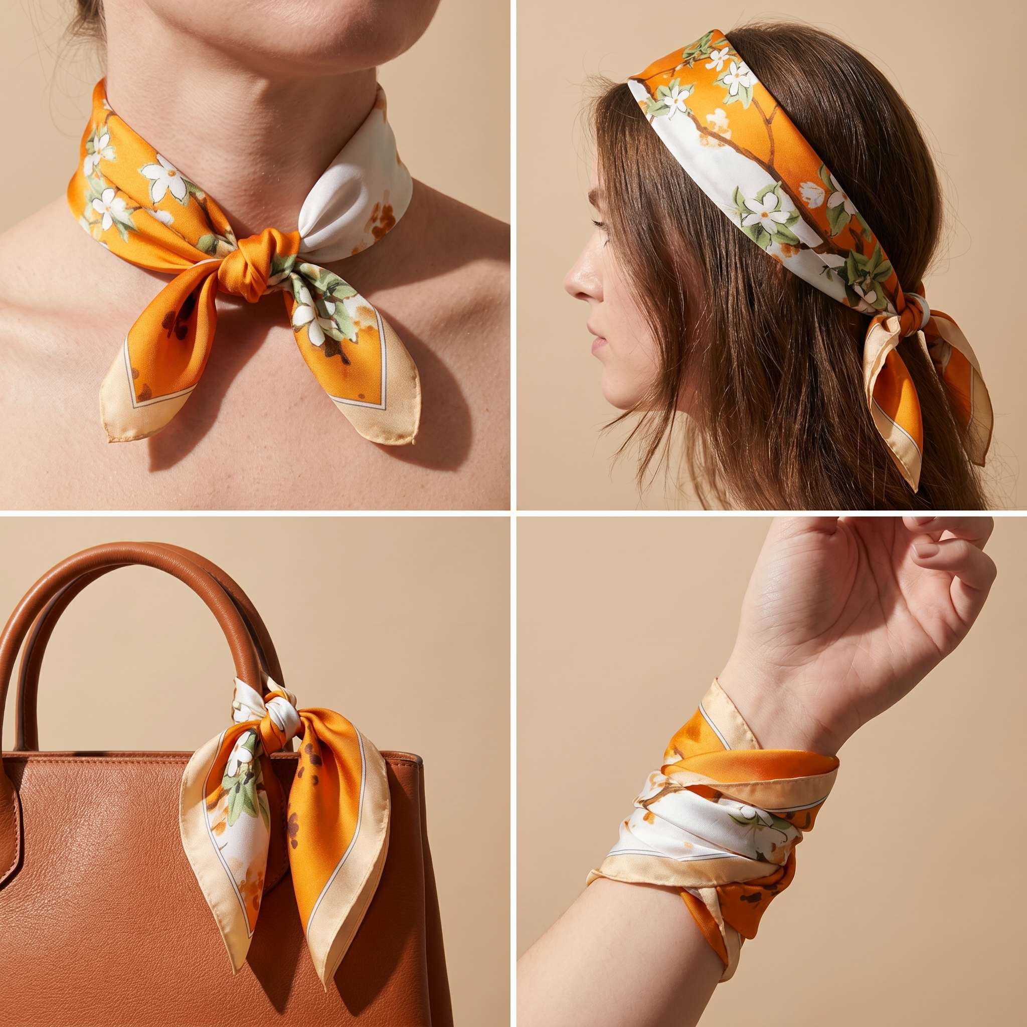 Bracksley orange floral satin scarf for women, 27 inch square — view 3