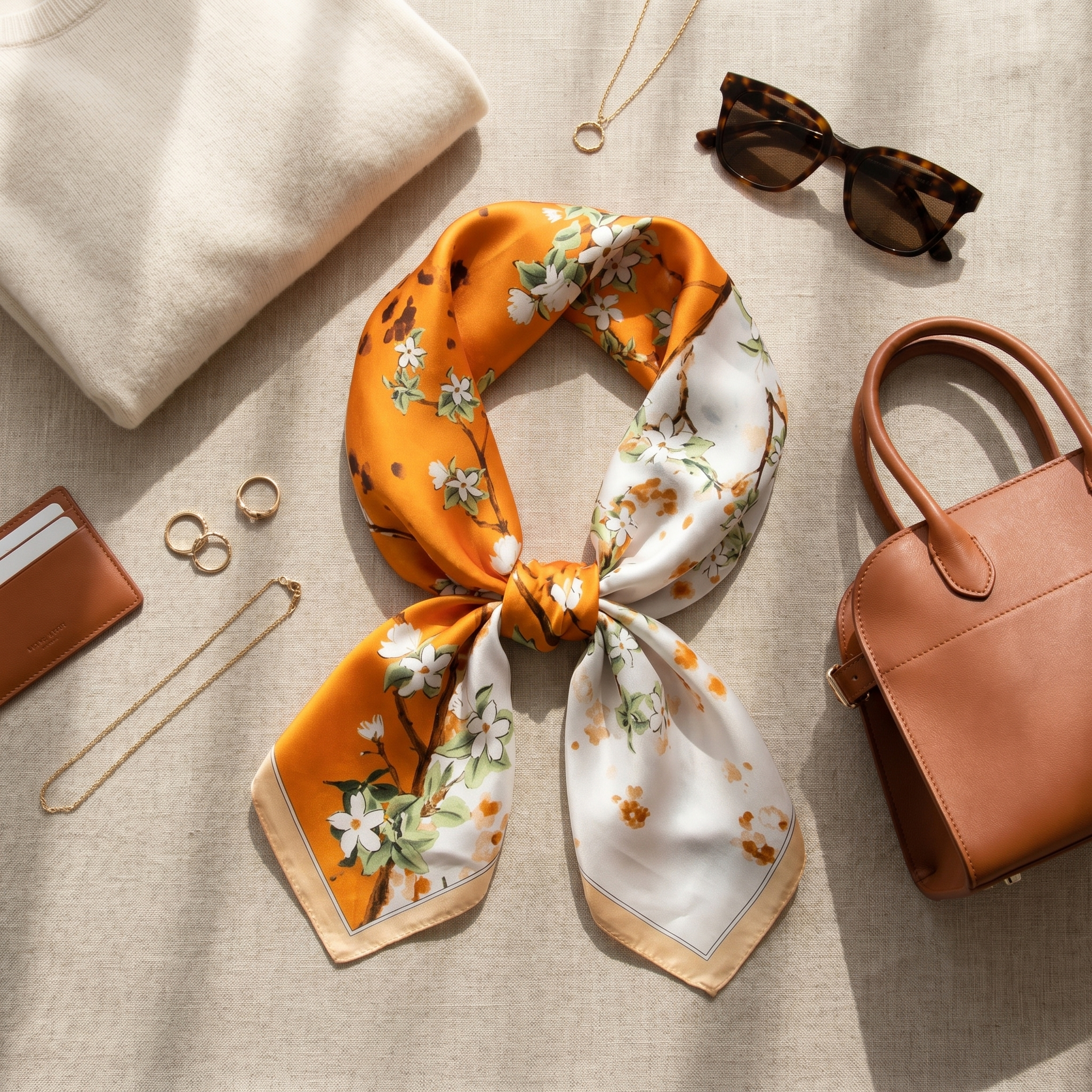 Bracksley orange floral satin scarf for women, 27 inch square — view 2