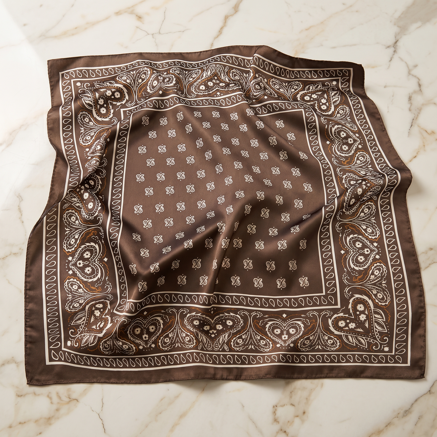 Bracksley brown paisley satin scarf for women, 27 inch square — view 1