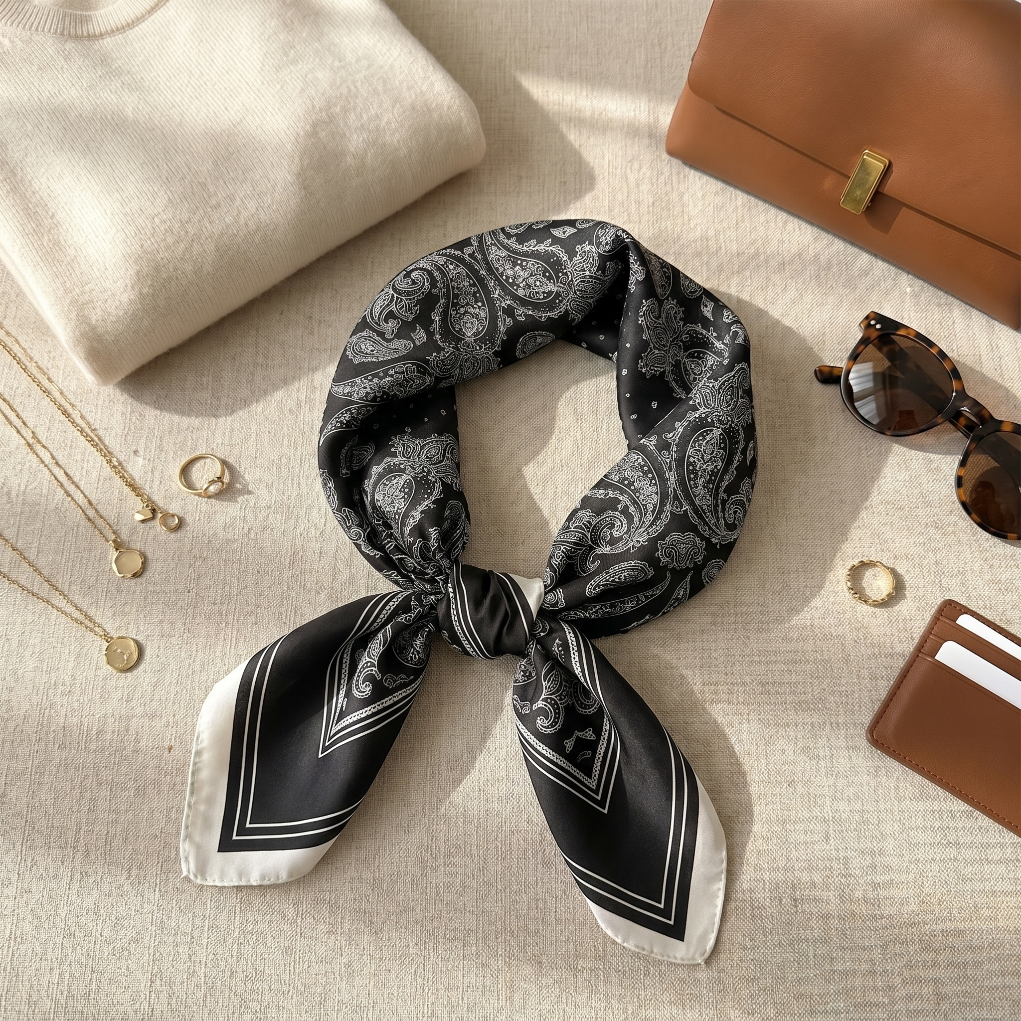 Bracksley black paisley satin scarf for women, 27 inch square — view 2