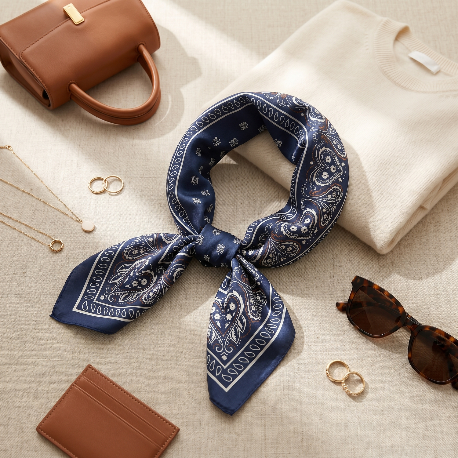 Bracksley blue paisley satin scarf for women, 27 inch square — view 2