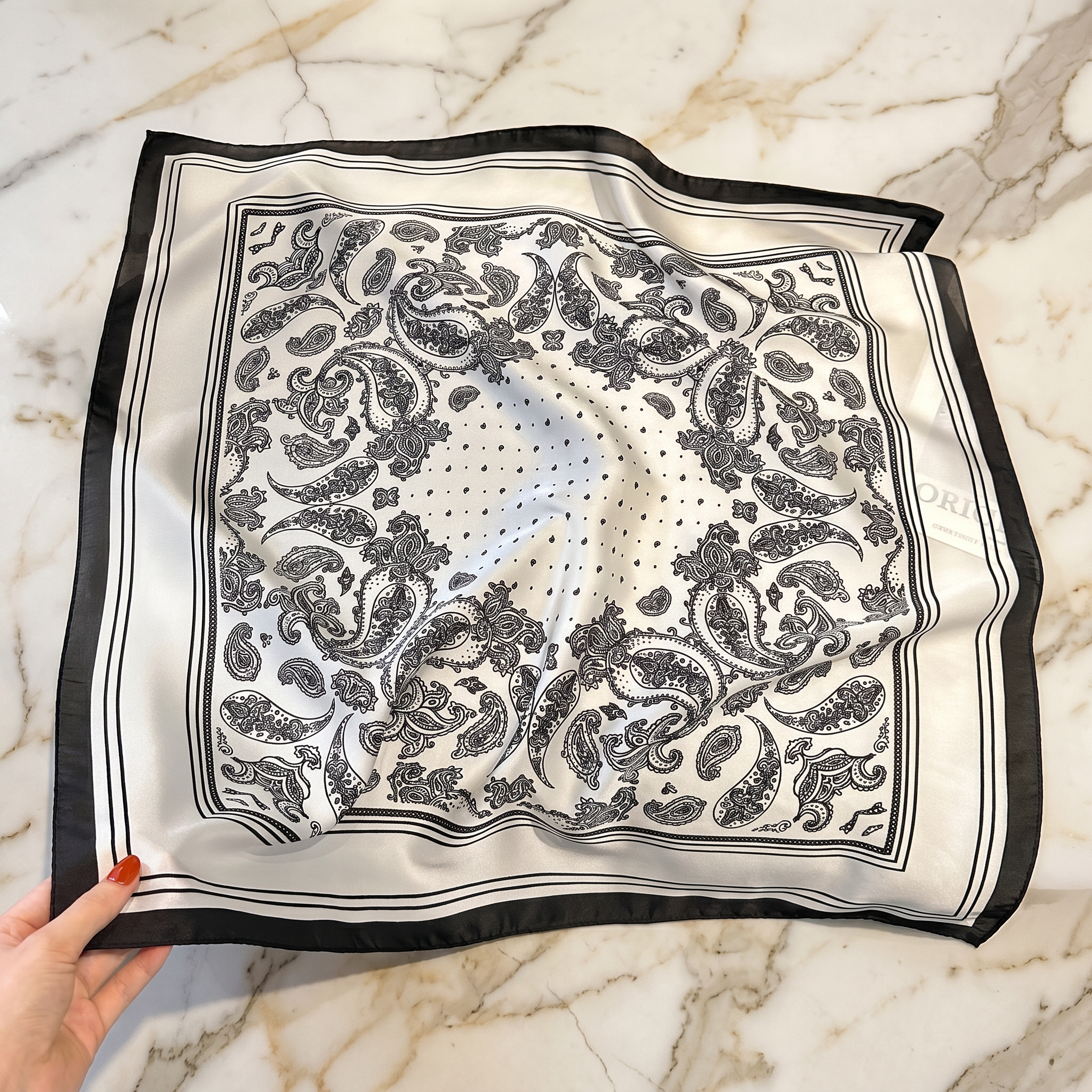 Bracksley black paisley satin scarf for women, 27 inch square — view 1