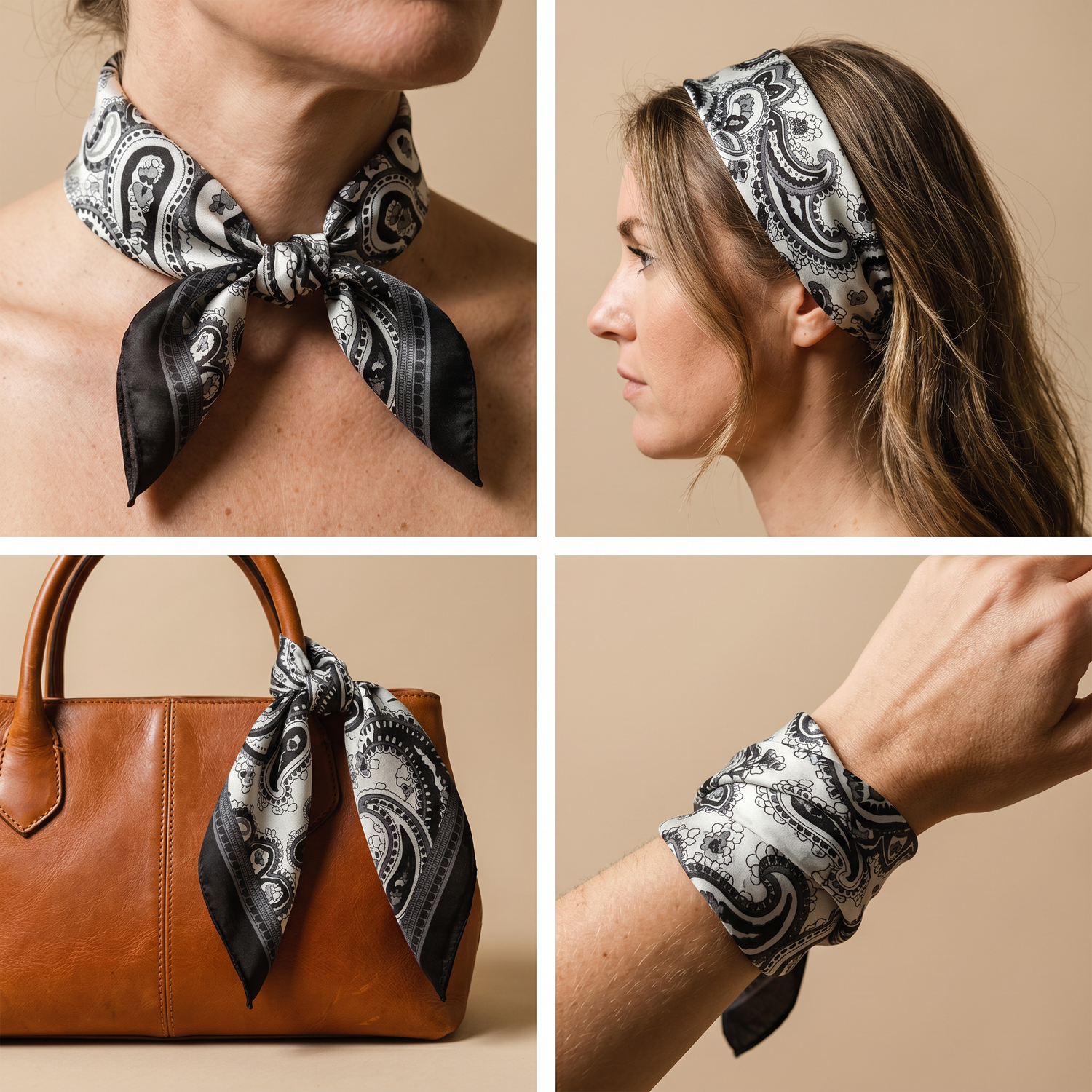 Bracksley black paisley satin scarf for women, 27 inch square — view 3