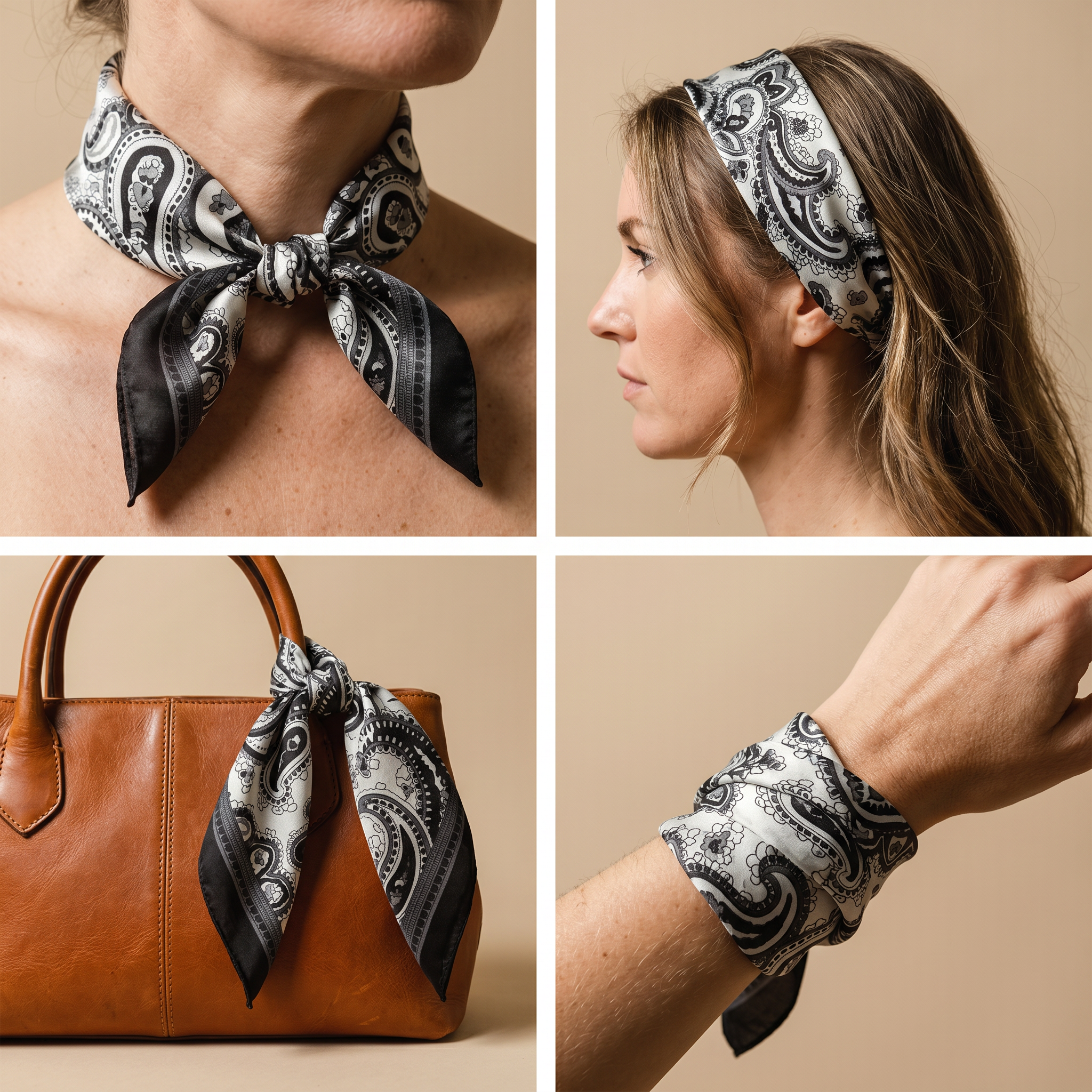 Bracksley black paisley satin scarf for women, 27 inch square — view 3