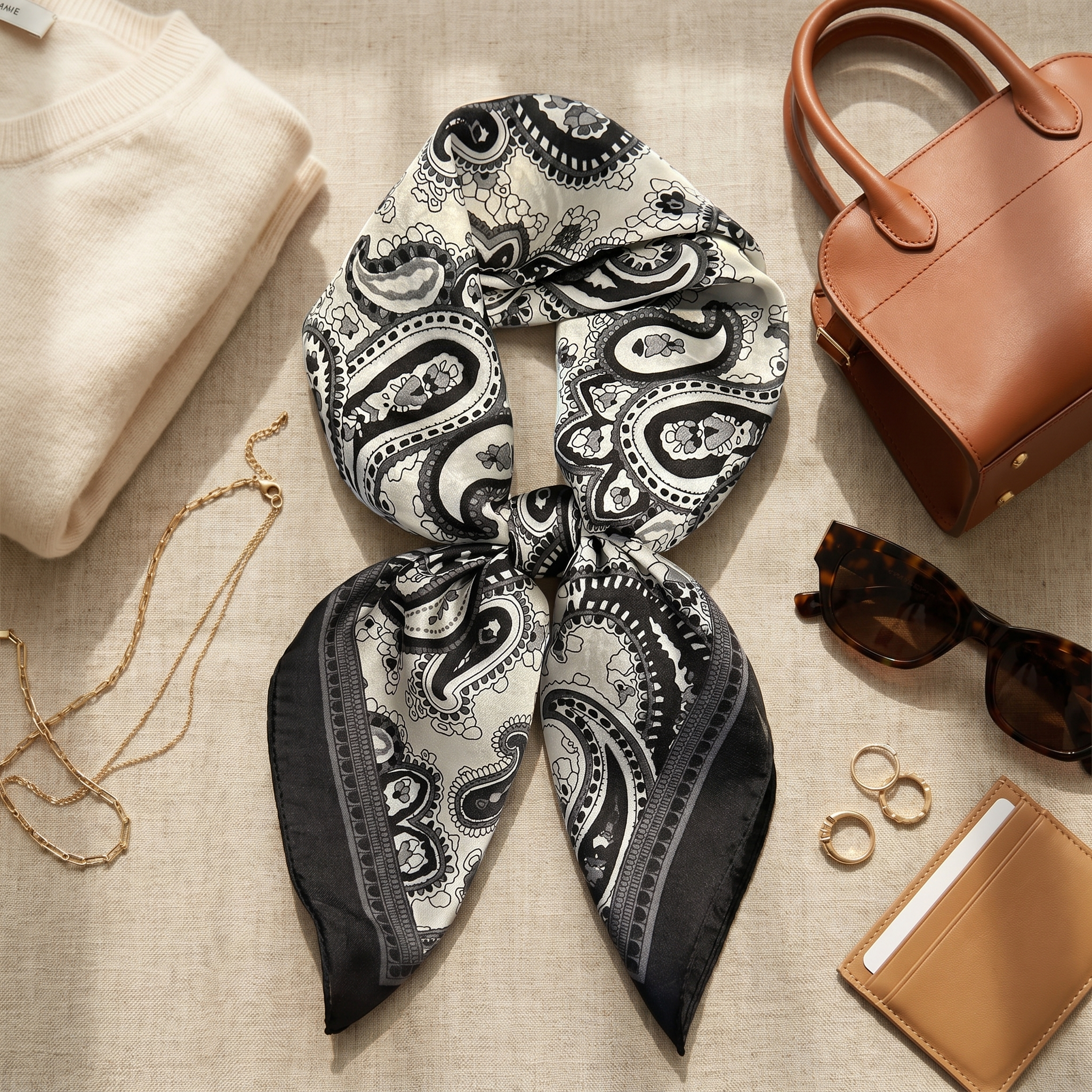 Bracksley black paisley satin scarf for women, 27 inch square — view 2
