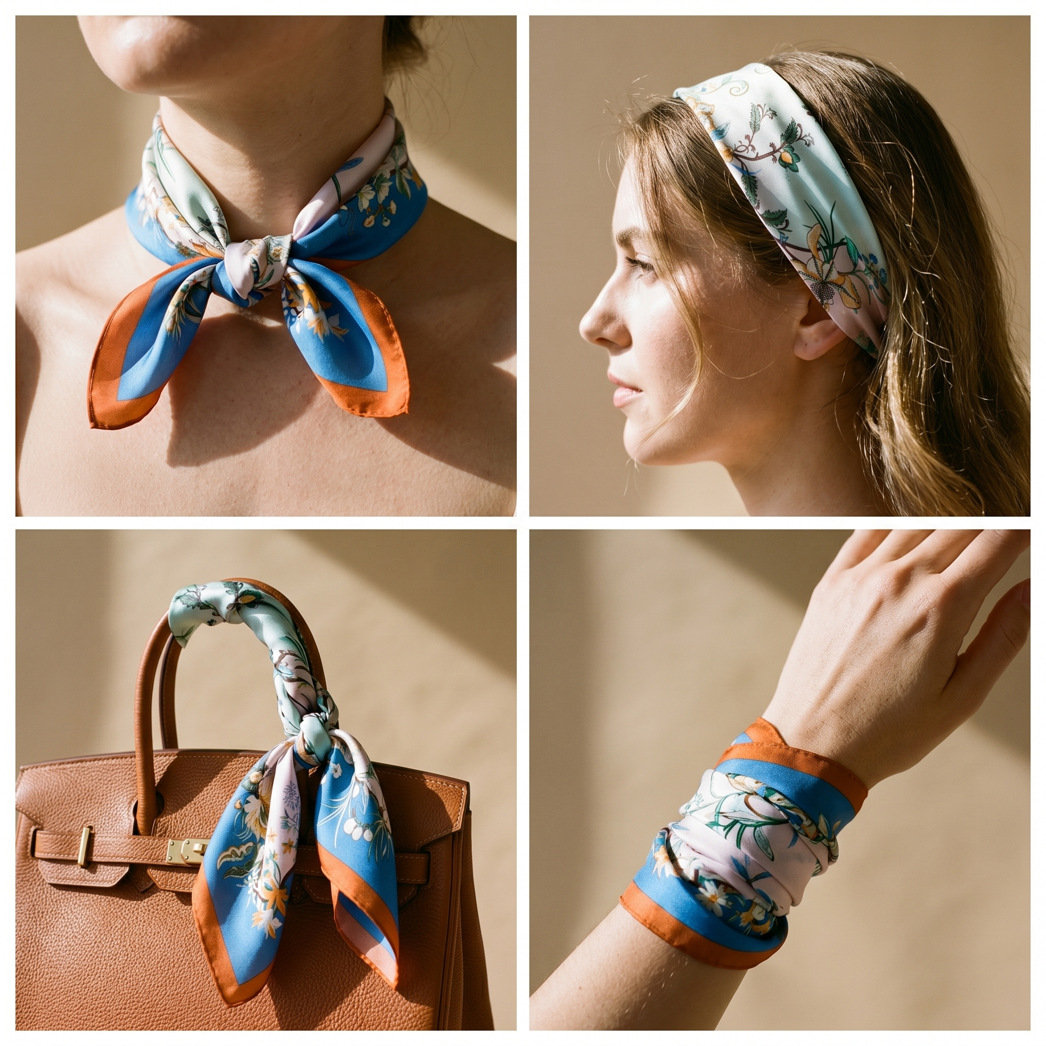 Bracksley blue floral satin scarf for women, 27 inch square — view 3