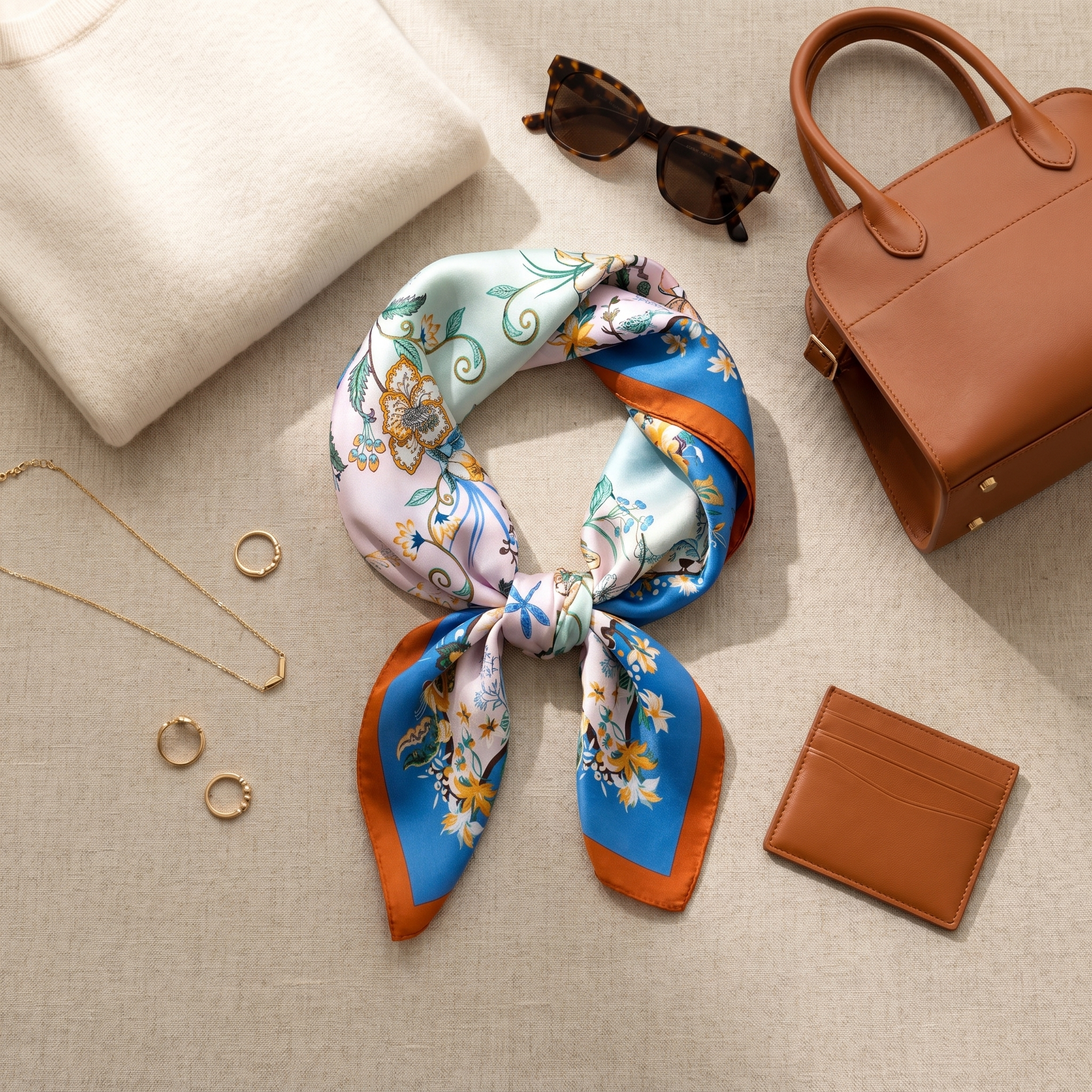Bracksley blue floral satin scarf for women, 27 inch square — view 2