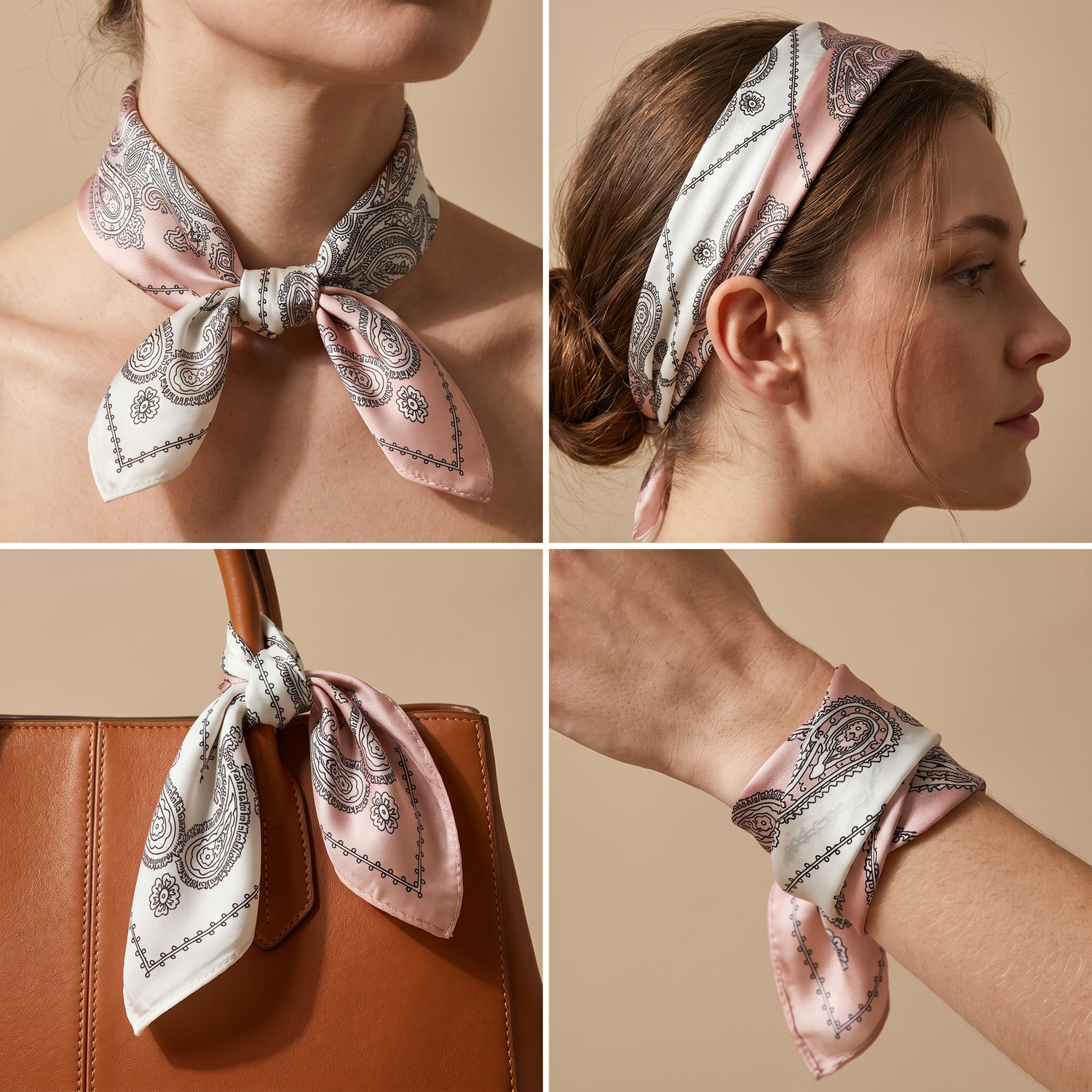 Bracksley pink paisley satin scarf for women, 27 inch square — view 3