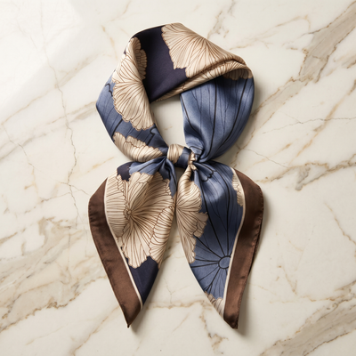 Silk Scarf Women 27x27 in Head Hair Neck Satin Luxury — Navy & Cream Floral — Ginkgo Leaves | Bracksley