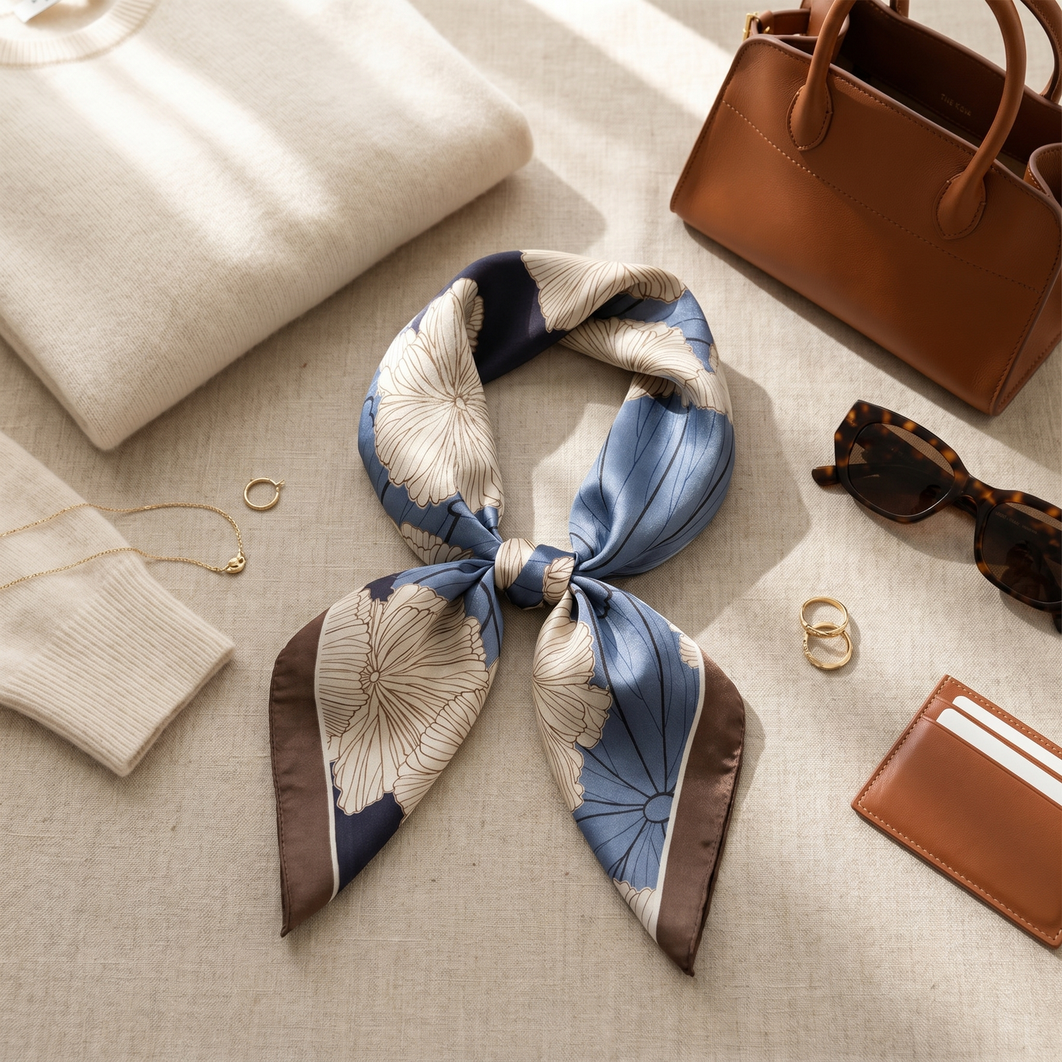 Bracksley blue floral satin scarf for women, 27 inch square — view 2