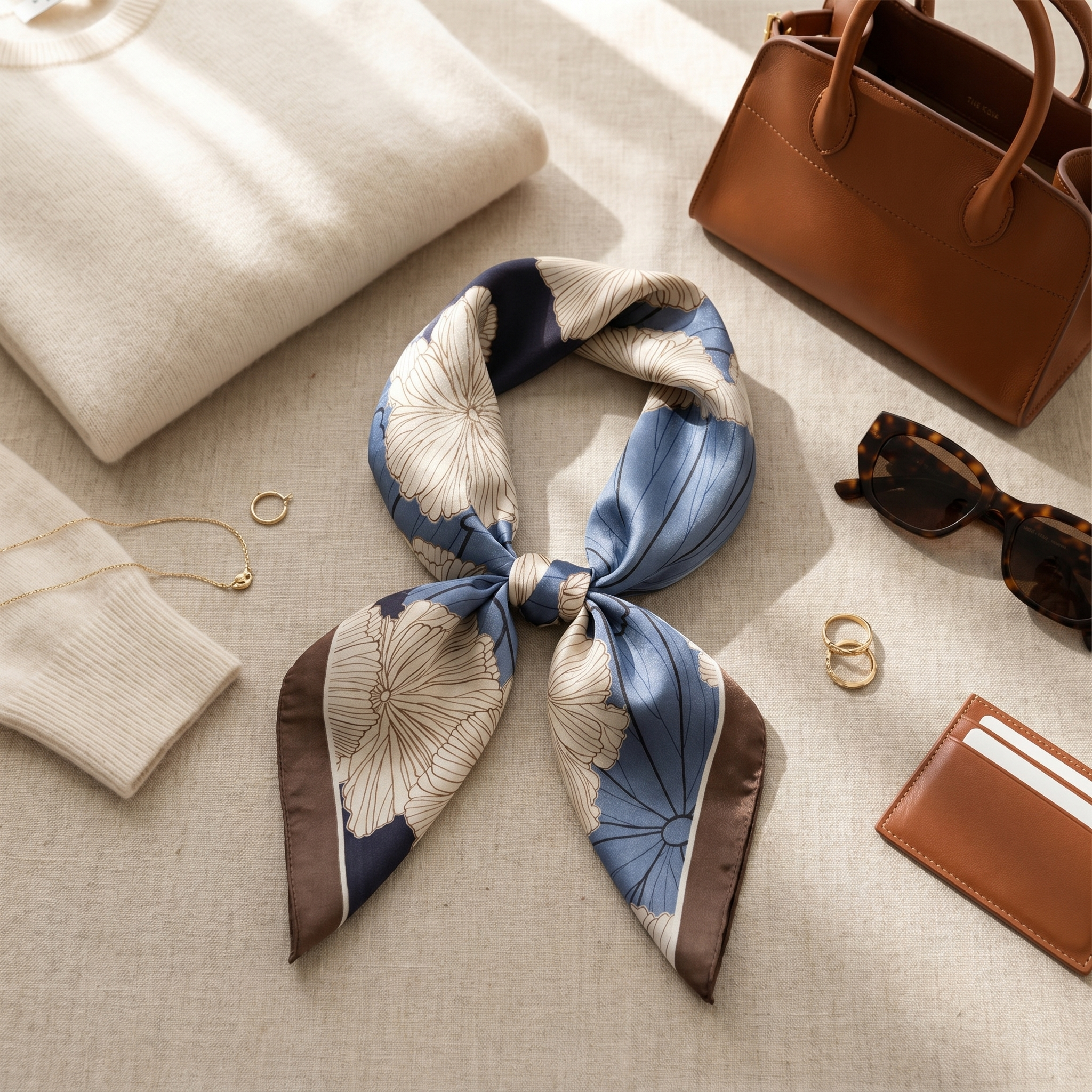 Bracksley blue floral satin scarf for women, 27 inch square — view 2