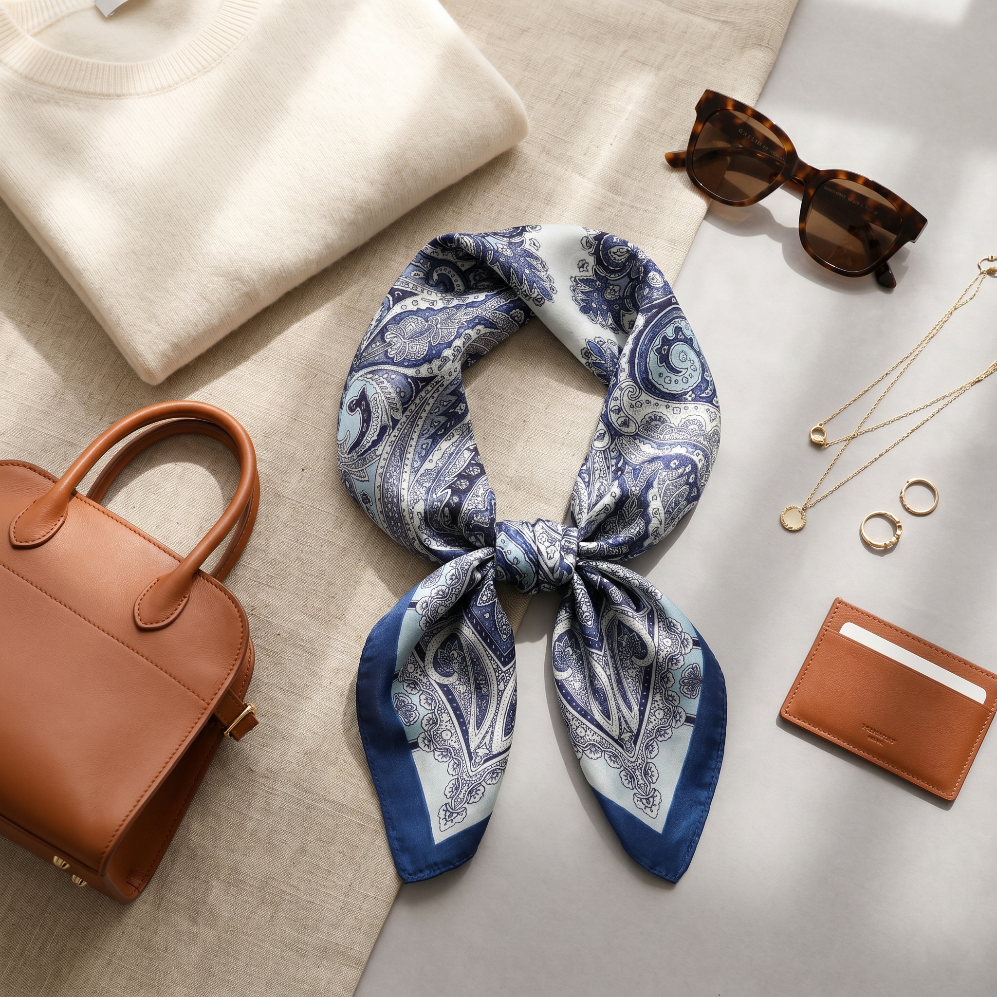 Bracksley blue paisley satin scarf for women, 27 inch square — view 2