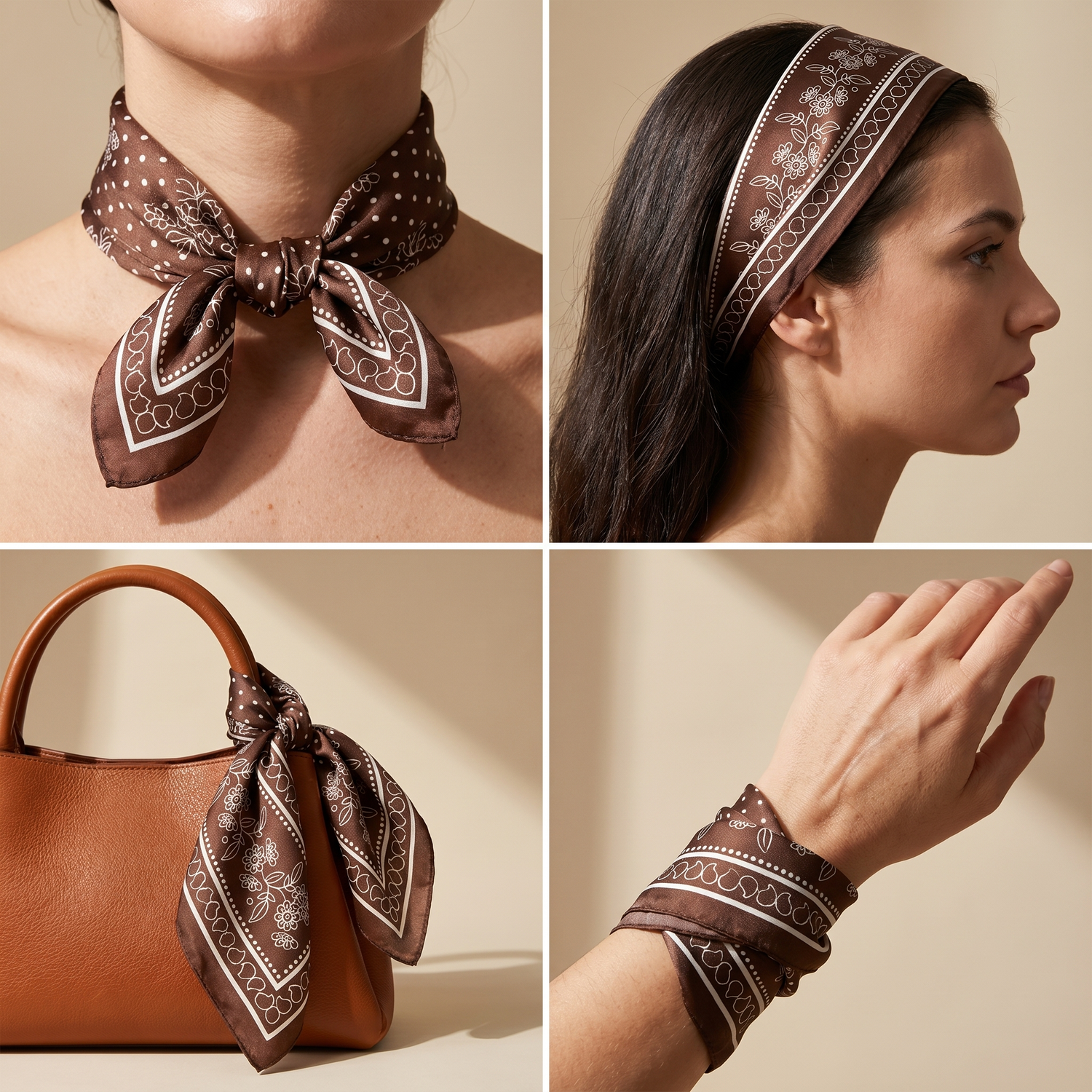 Bracksley brown floral satin scarf for women, 27 inch square — view 3