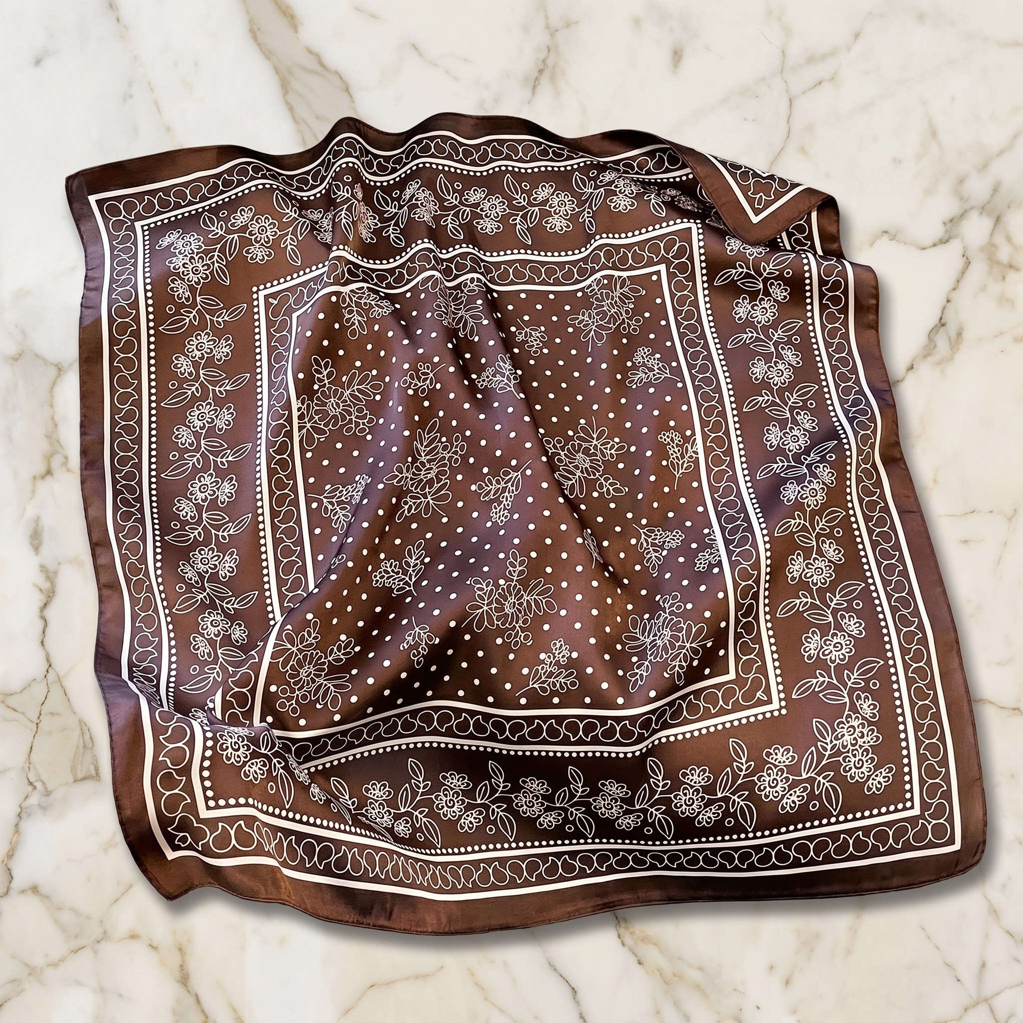 Bracksley brown floral satin scarf for women, 27 inch square — view 1
