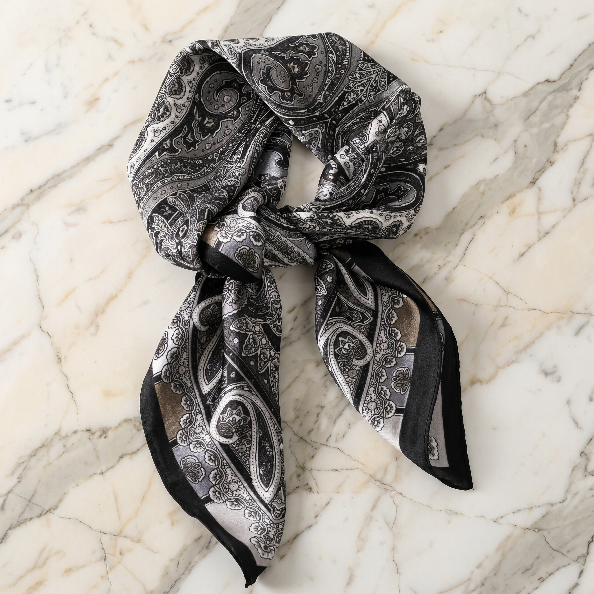 Bracksley black paisley satin scarf for women, 27 inch square — view 1