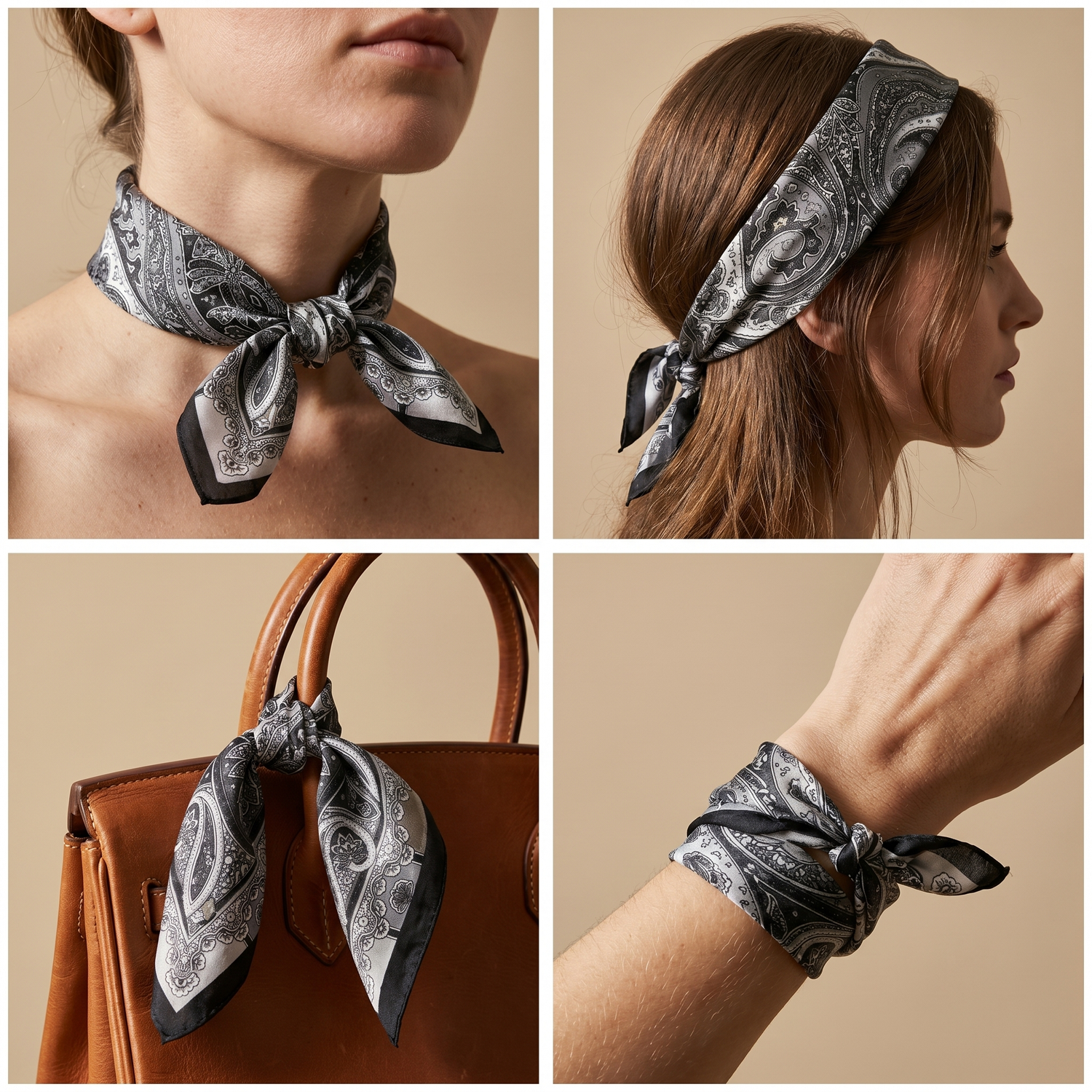 Bracksley black paisley satin scarf for women, 27 inch square — view 3