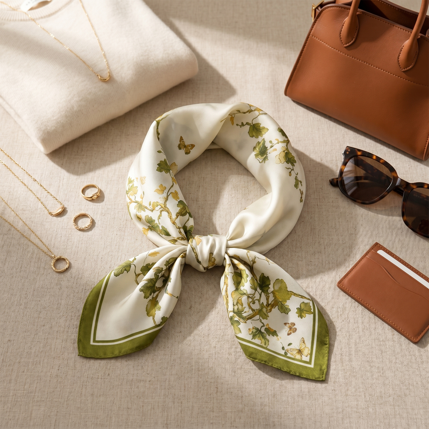 Bracksley beige floral satin scarf for women, 27 inch square — view 2