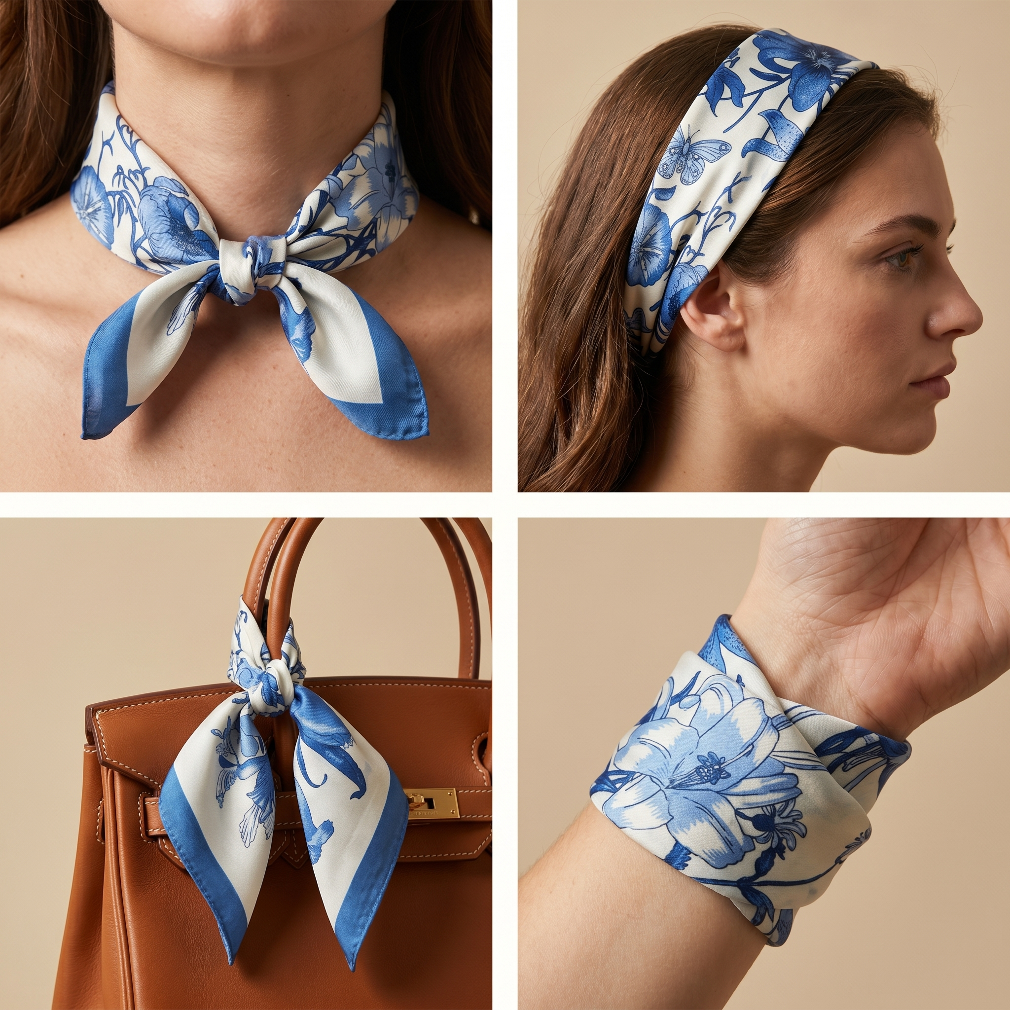 Bracksley blue floral satin scarf for women, 27 inch square — view 3