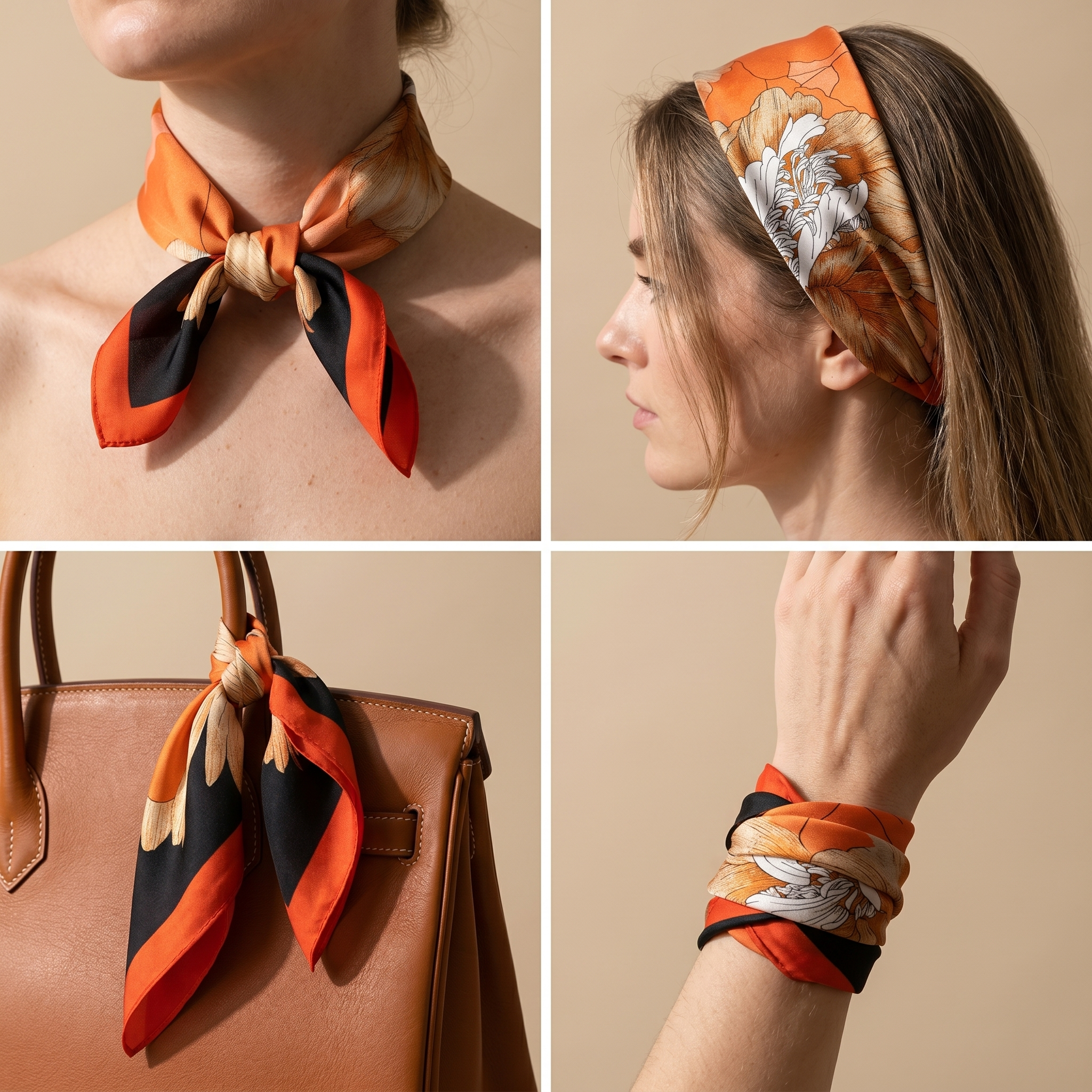 Bracksley orange floral satin scarf for women, 27 inch square — view 3