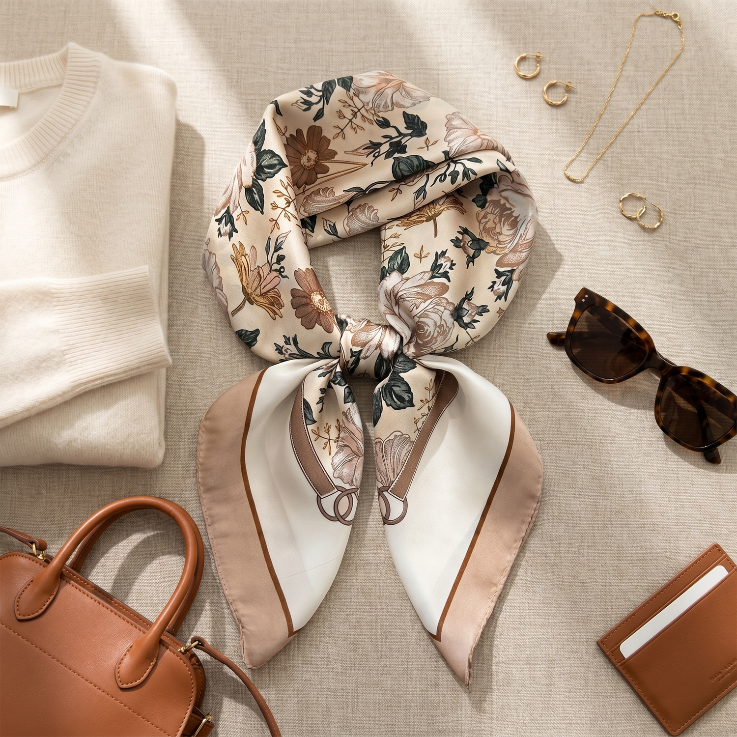 Bracksley beige floral satin scarf for women, 27 inch square — view 2