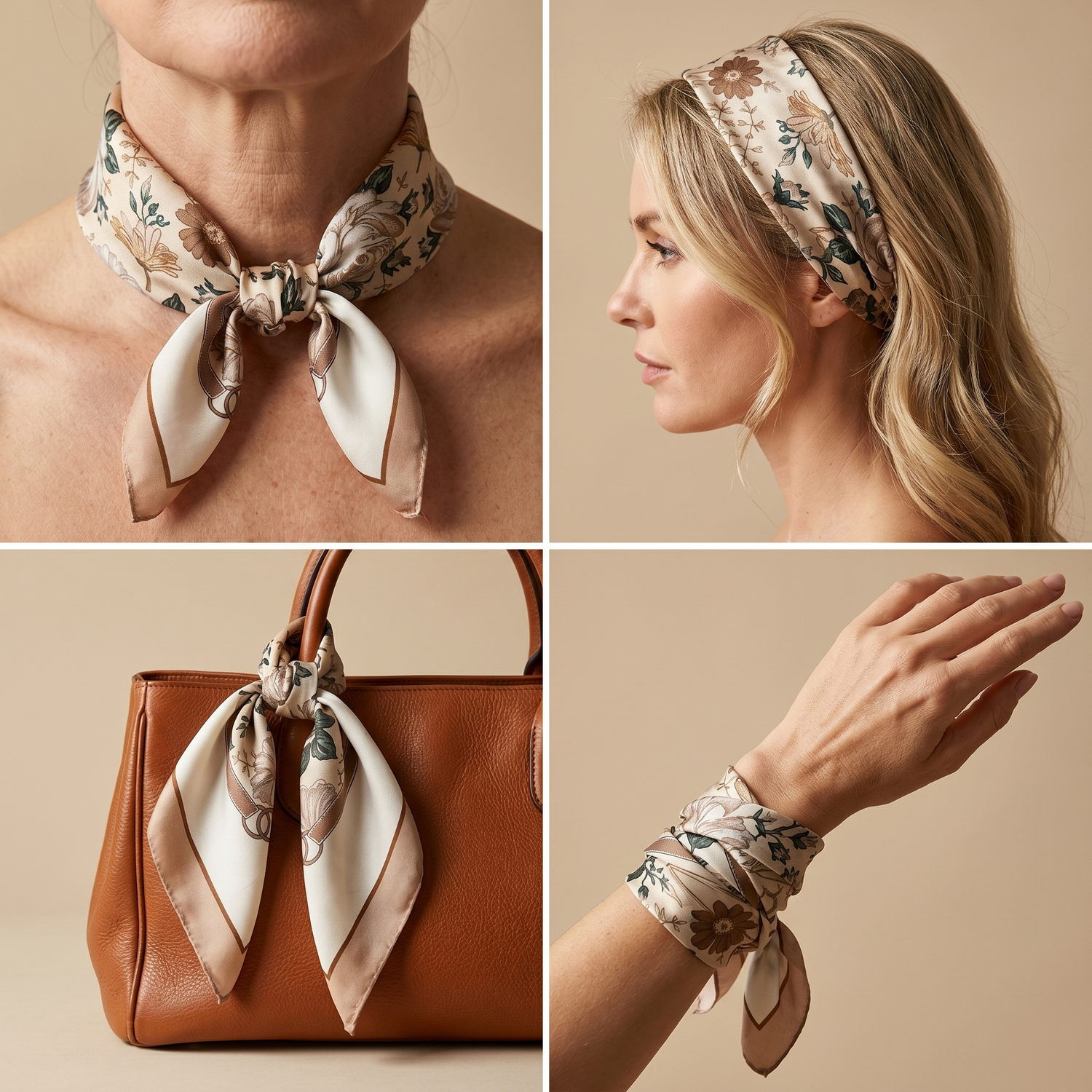 Bracksley beige floral satin scarf for women, 27 inch square — view 3