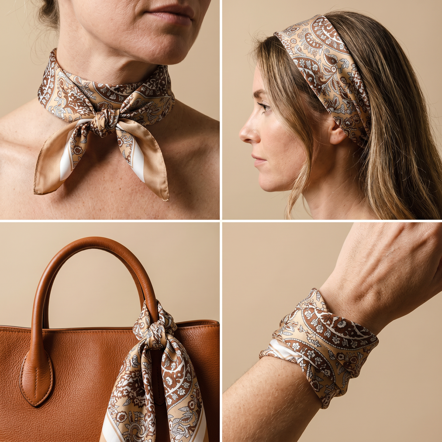 Bracksley brown paisley satin scarf for women, 27 inch square — view 3