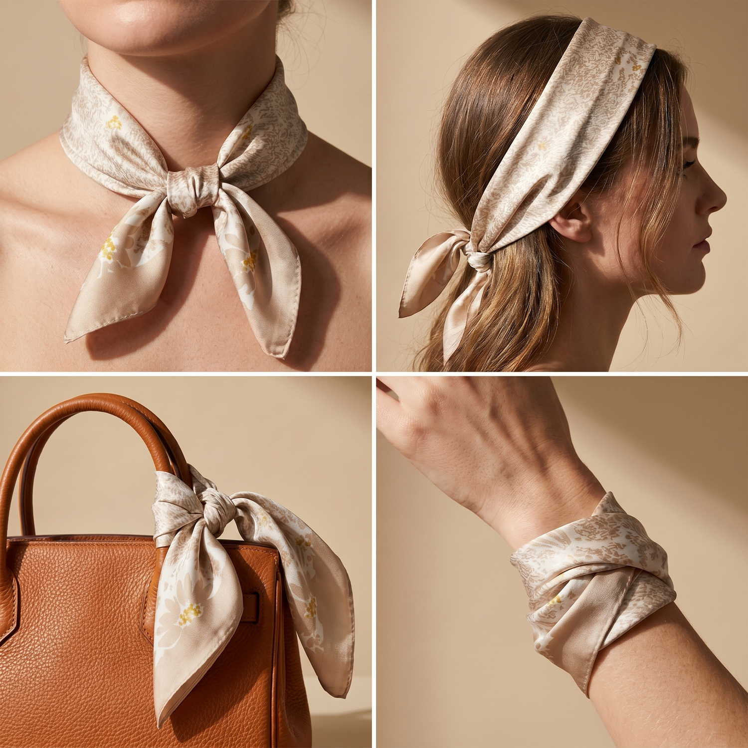 Bracksley beige floral satin scarf for women, 27 inch square — view 3