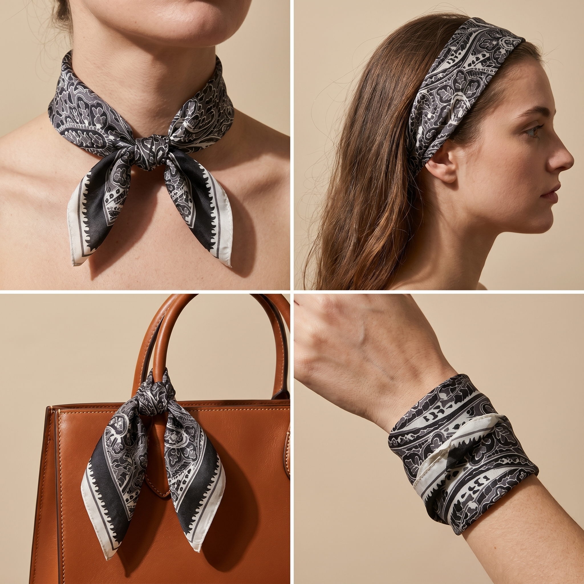 Bracksley black paisley satin scarf for women, 27 inch square — view 3