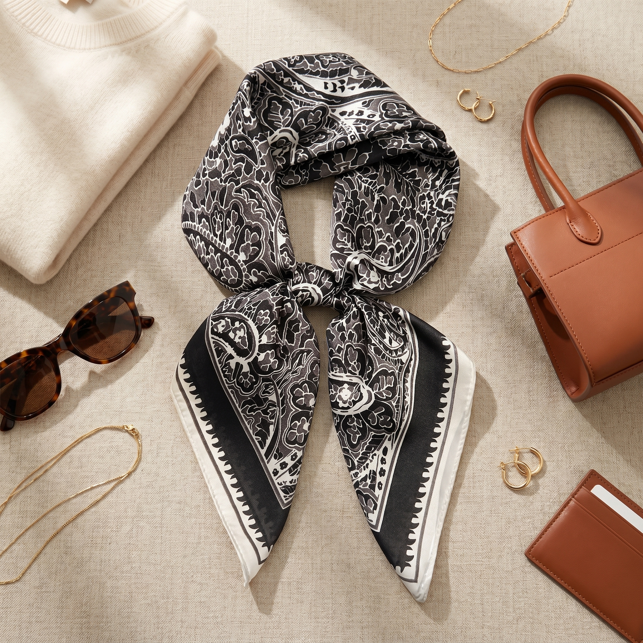 Bracksley black paisley satin scarf for women, 27 inch square — view 2