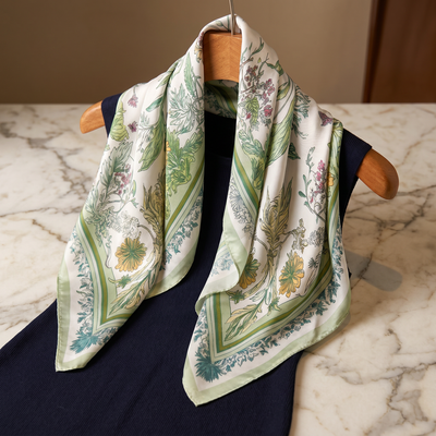 Silk Scarf Women 27x27 in Head Hair Neck Satin Luxury — Cream & Green Floral — Botanical Garden Border | Bracksley
