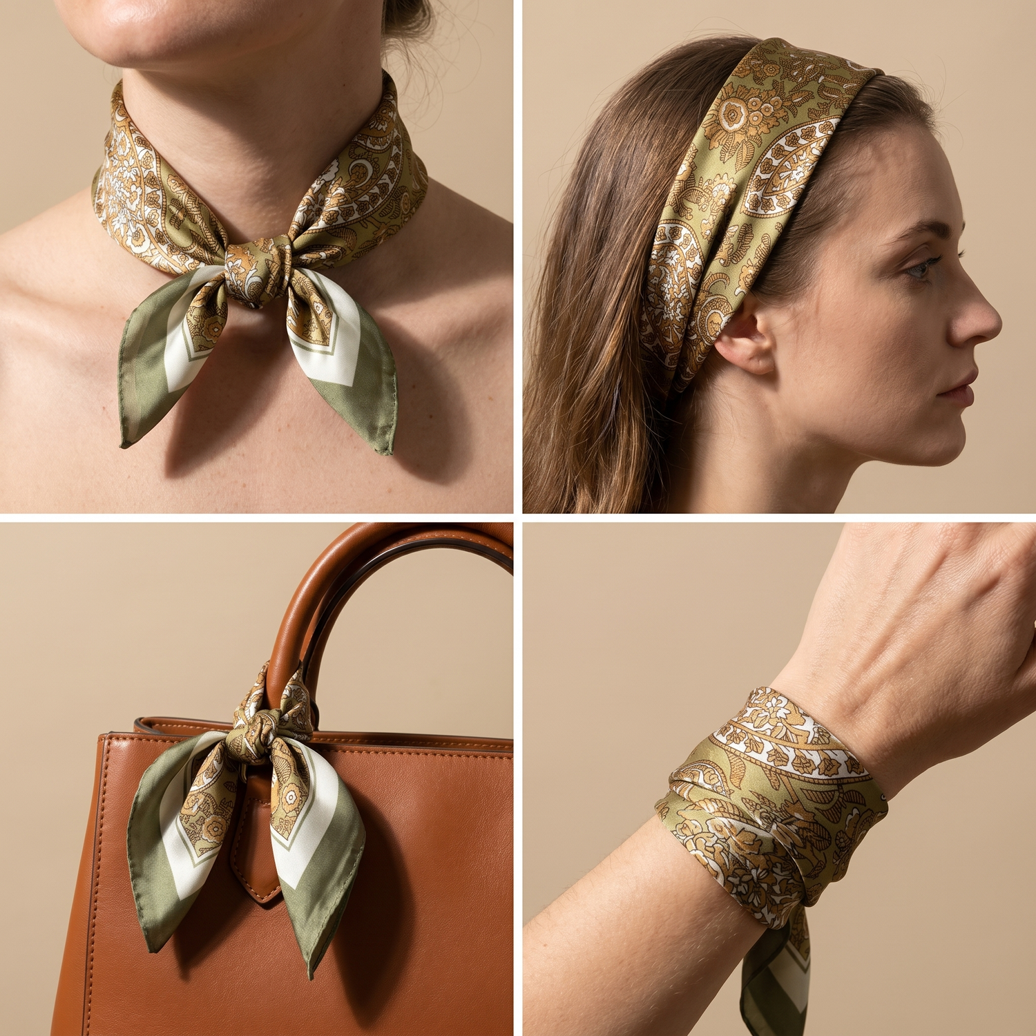 Bracksley beige paisley satin scarf for women, 27 inch square — view 3