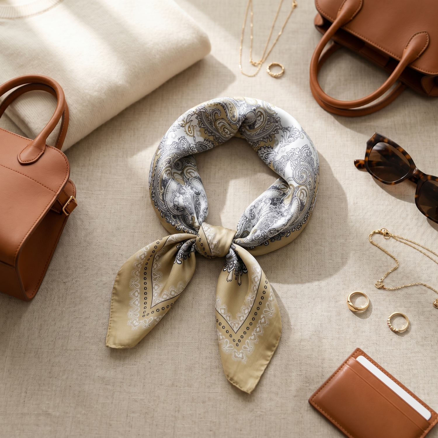 Bracksley beige paisley satin scarf for women, 27 inch square — view 2