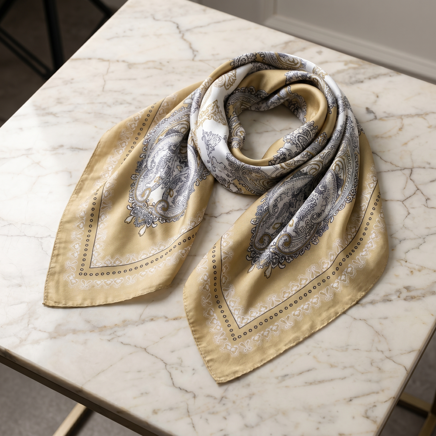 Bracksley beige paisley satin scarf for women, 27 inch square — view 1