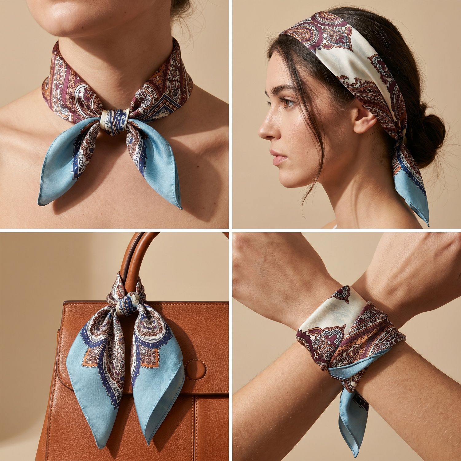 Bracksley brown paisley satin scarf for women, 27 inch square — view 3