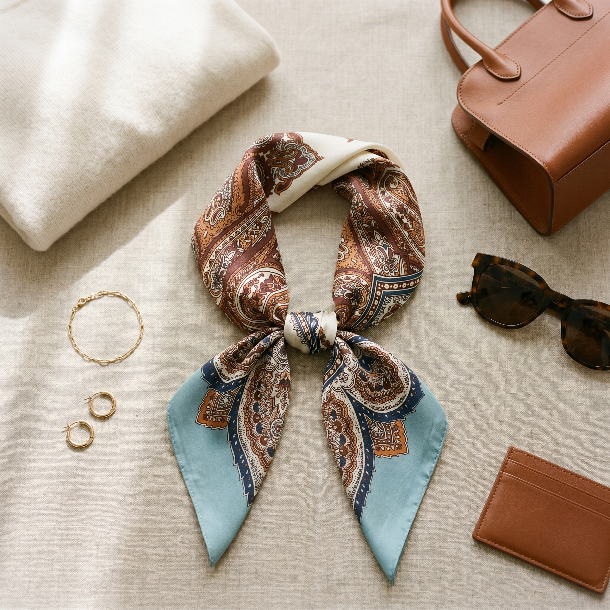 Bracksley brown paisley satin scarf for women, 27 inch square — view 2