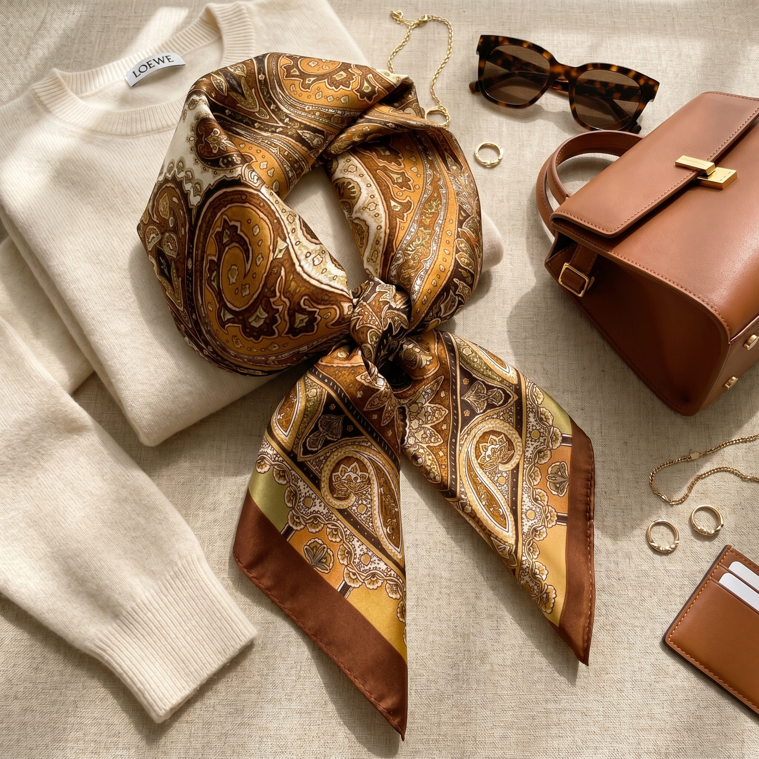 Bracksley gold paisley satin scarf for women, 27 inch square — view 2