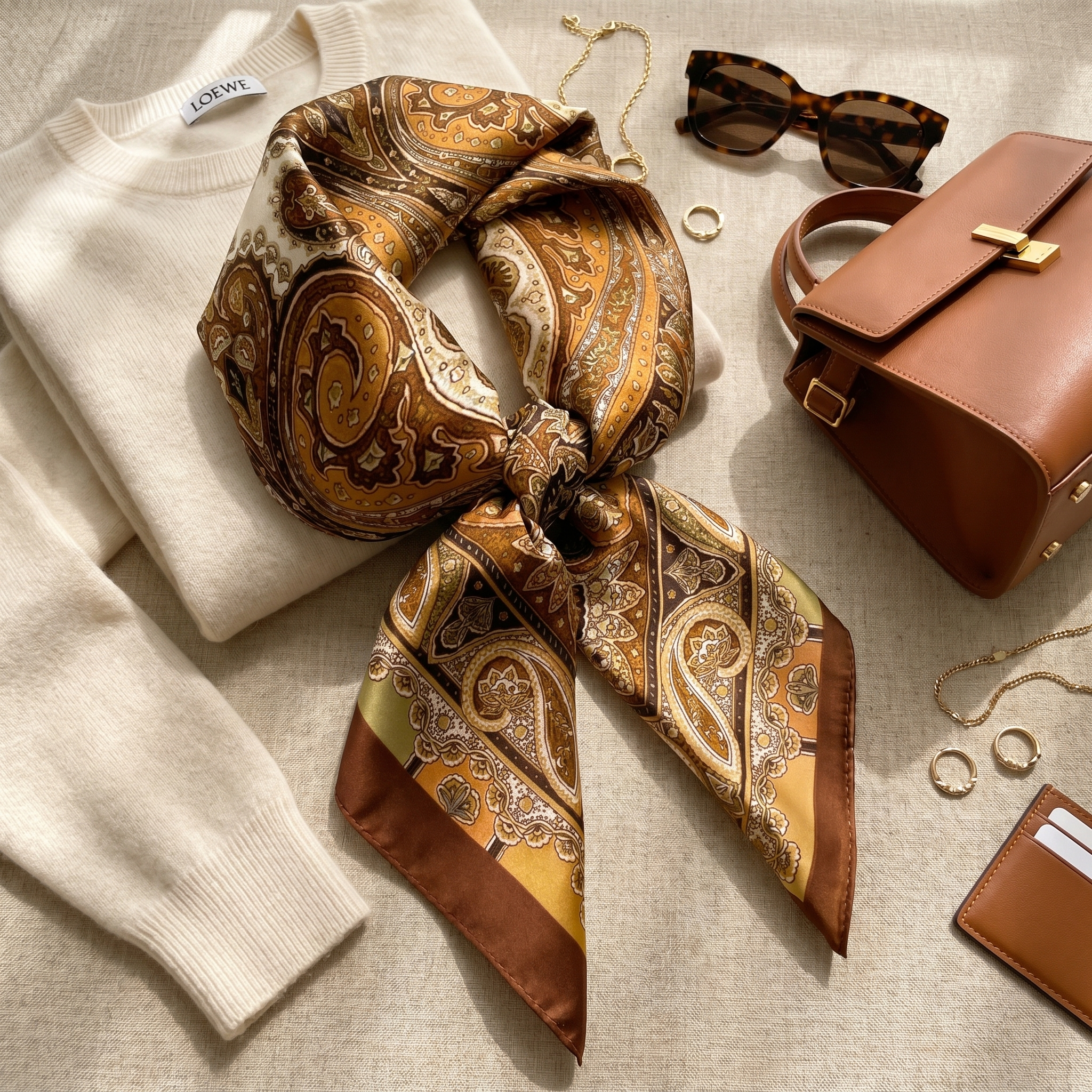 Bracksley gold paisley satin scarf for women, 27 inch square — view 2