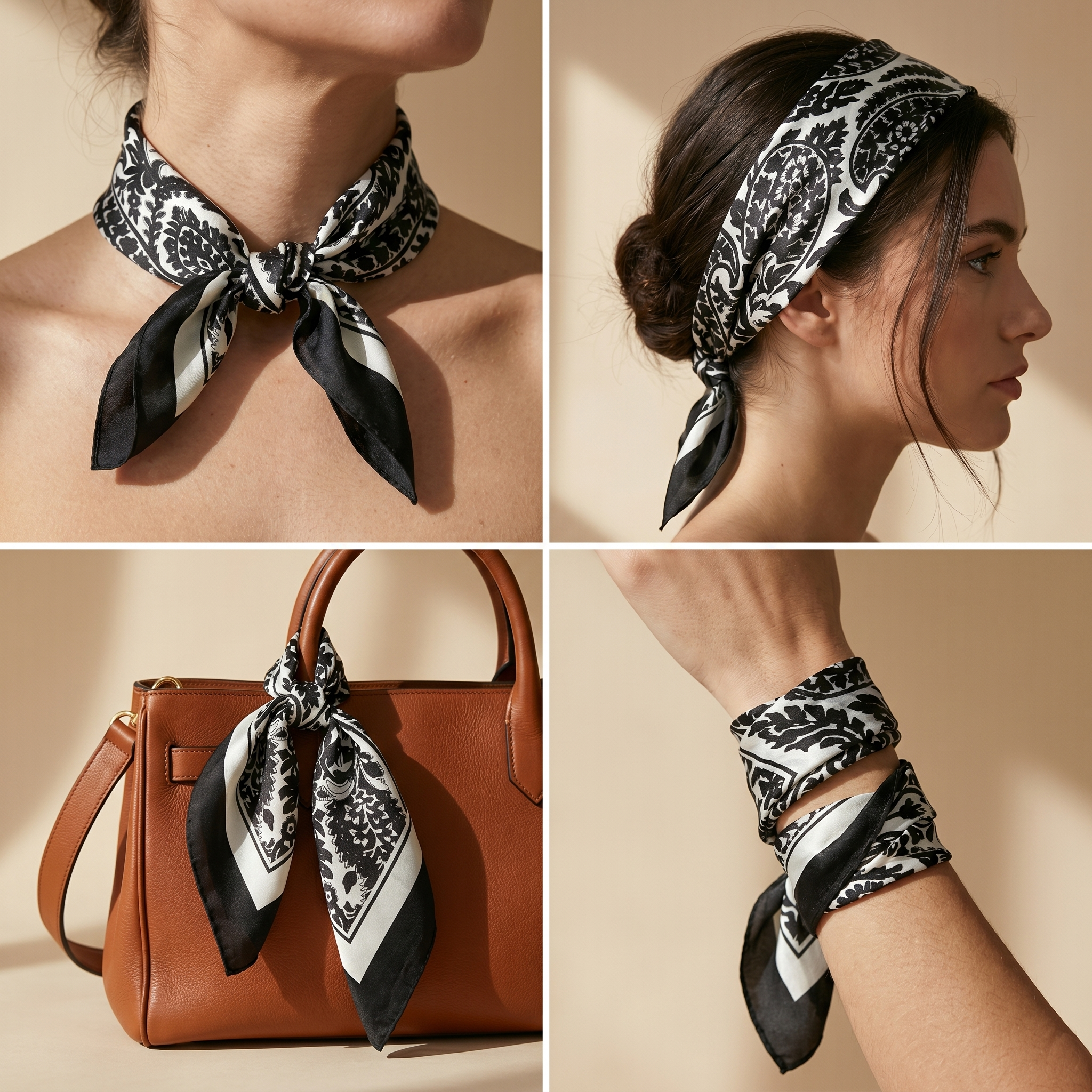 Bracksley black paisley satin scarf for women, 27 inch square — view 3