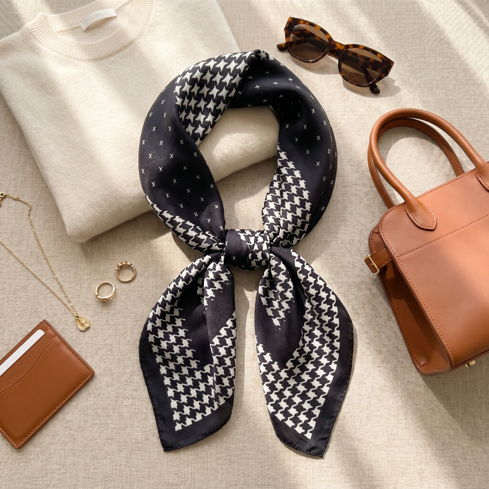 Bracksley black geometric satin scarf for women, 27 inch square — view 2
