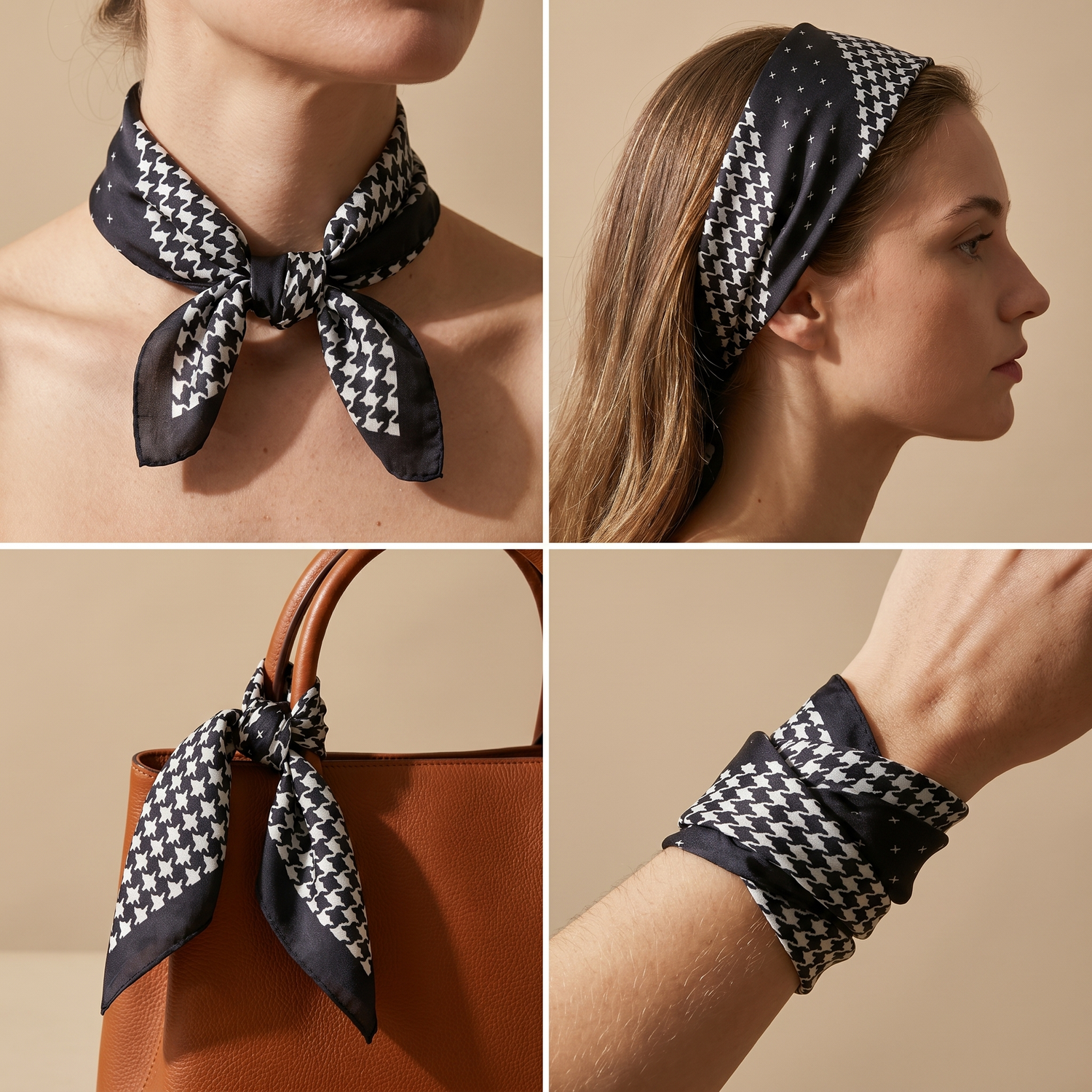 Bracksley black geometric satin scarf for women, 27 inch square — view 3