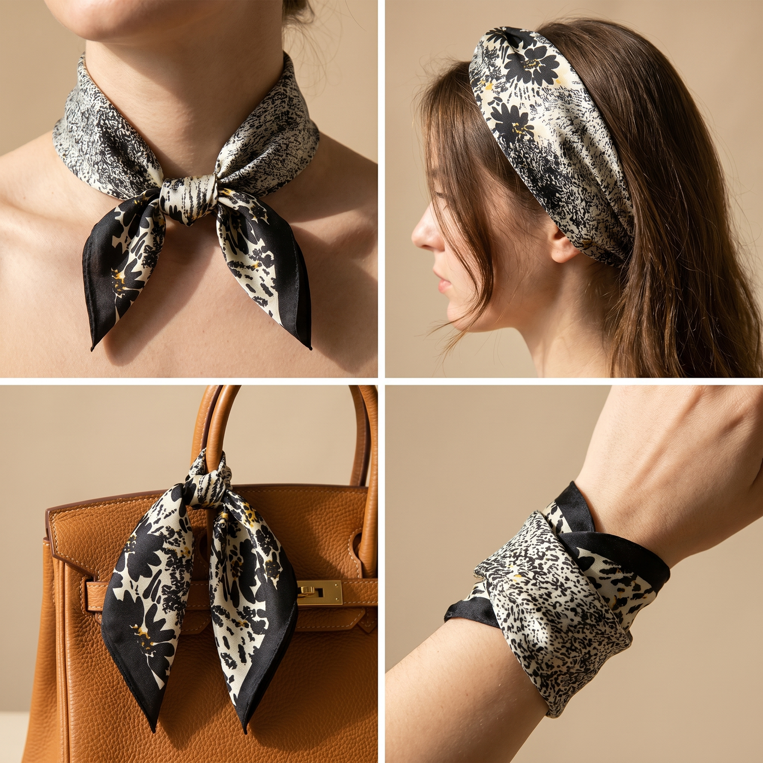 Bracksley black abstract satin scarf for women, 27 inch square — view 3