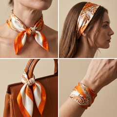 Bracksley orange paisley satin scarf for women, 27 inch square — view 3