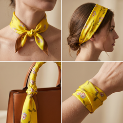 Bracksley yellow floral satin scarf for women, 27 inch square — view 3