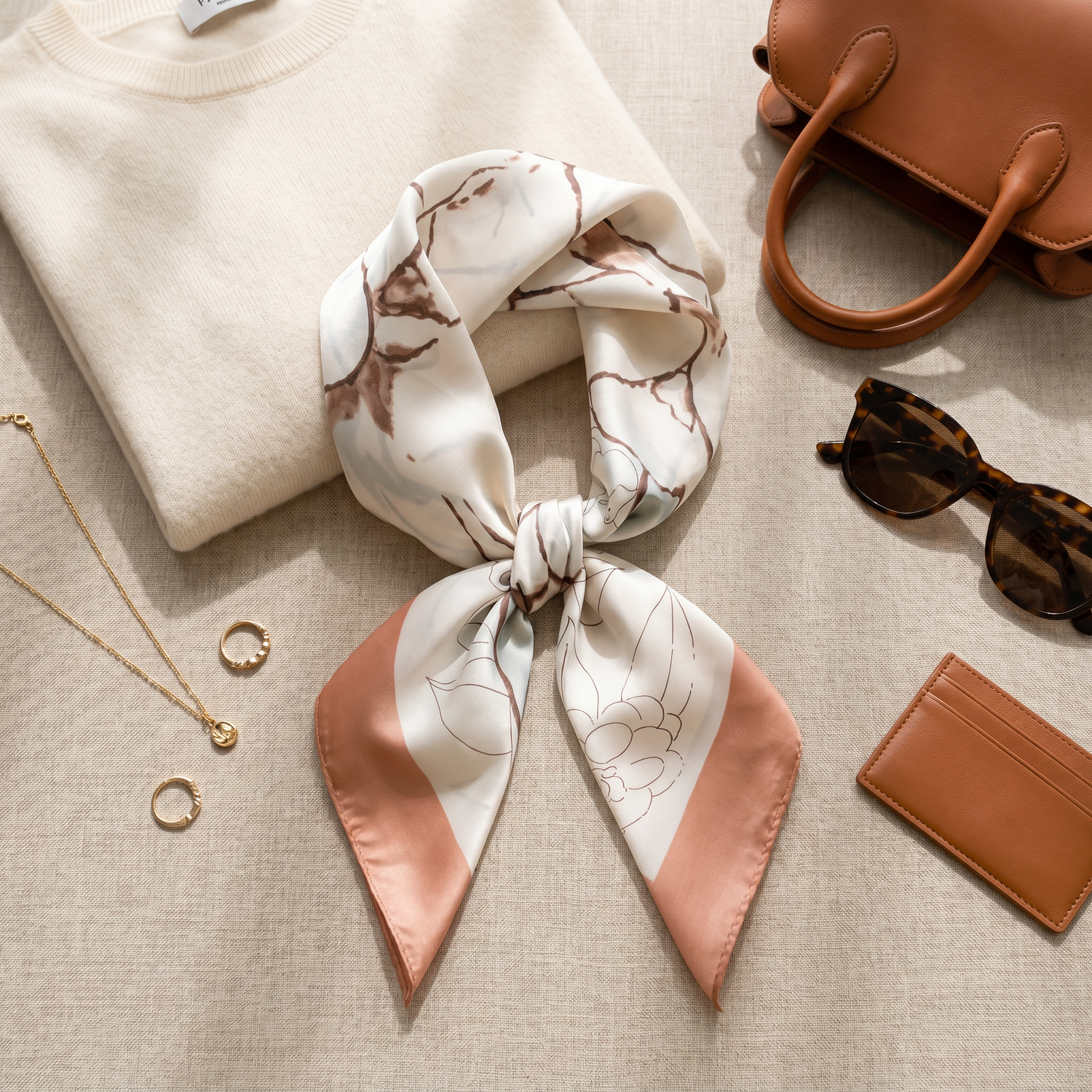 Bracksley beige floral satin scarf for women, 27 inch square — view 2