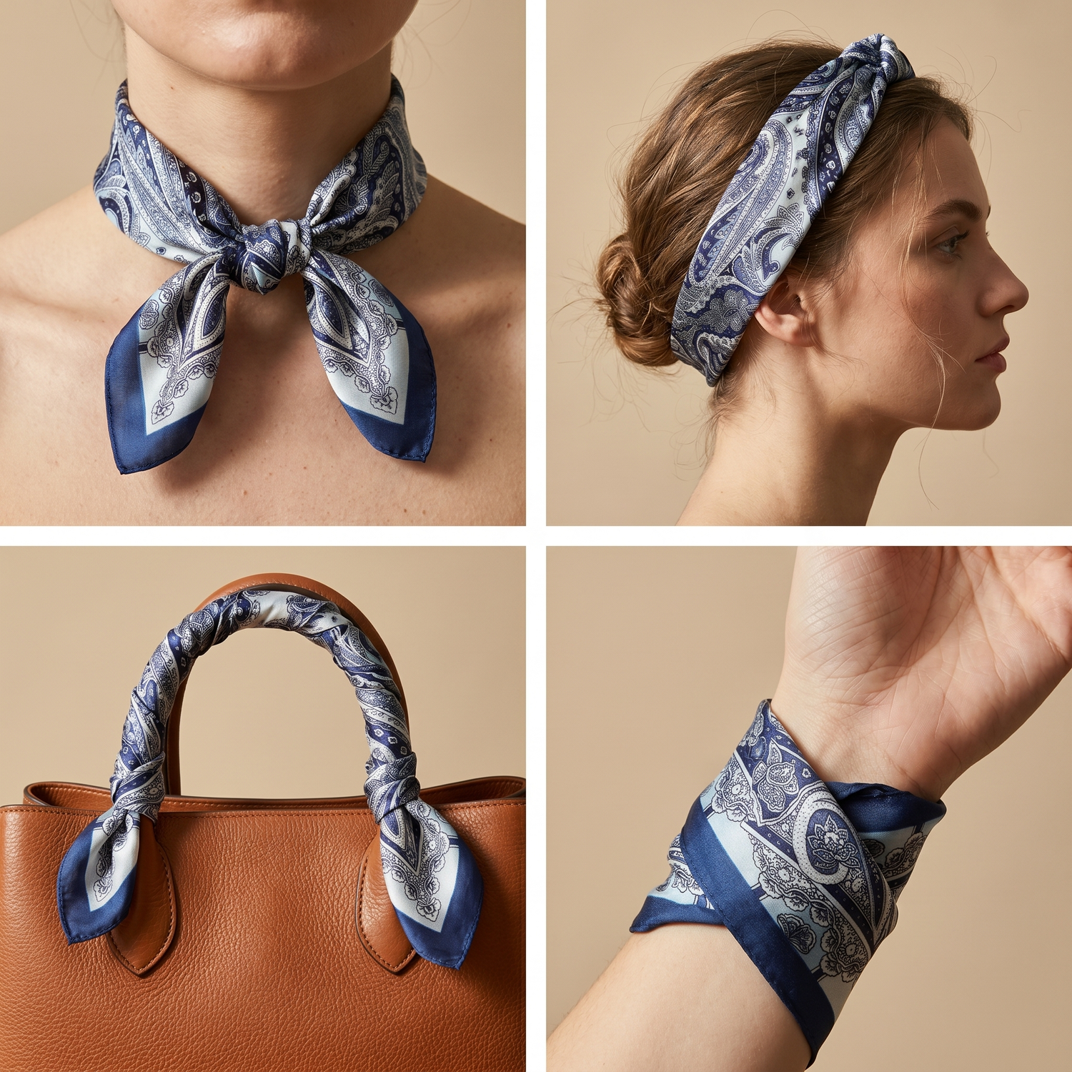 Bracksley blue paisley satin scarf for women, 27 inch square — view 3