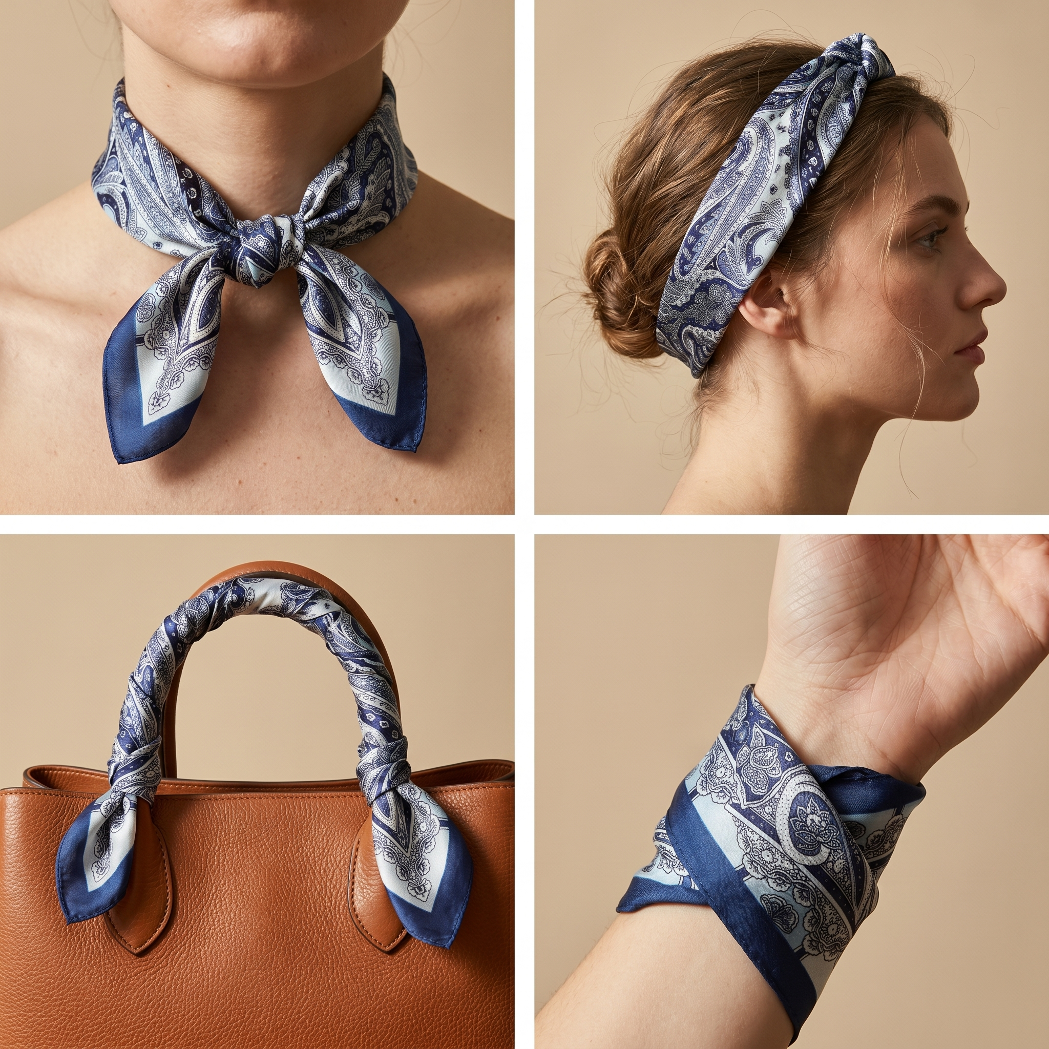 Bracksley blue paisley satin scarf for women, 27 inch square — view 3
